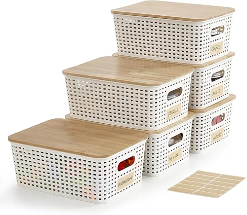 Miniatura 1 de Contenedores pequeños de plástico con tapas de bambú de 5.2 cuartos de galón, cesta apilable para despensa, contenedores decorativos lindos con