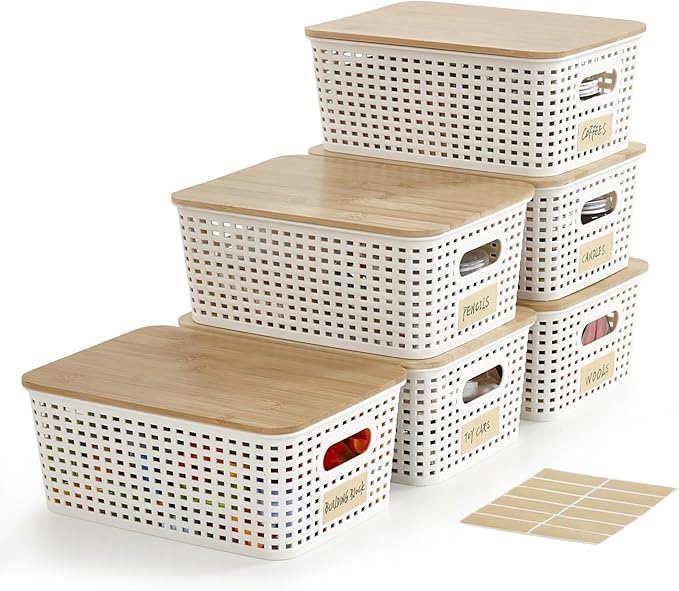 Small Plastic Storage Bins with Bamboo Lids 5.2qt Stackable Box Basket Pantry Decorative Containers Cute with Lable for Organizing Desktop Closet Office Cream White of 6 packs 10*7.2*4.1'’