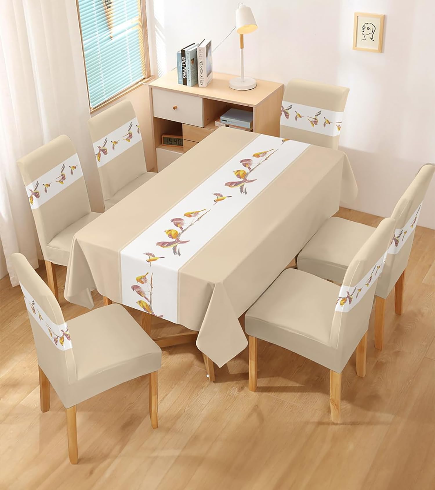 House of Quirk Polyvinyl Chloride (PVC) Rectangular Dining Table Cover Waterproof with 6 Chair Covers for Kitchen Dining Table Cloth Dust and Oil Repellent (Beige Bird, 1 Table Cover + 6 Chair Cover)-image-39