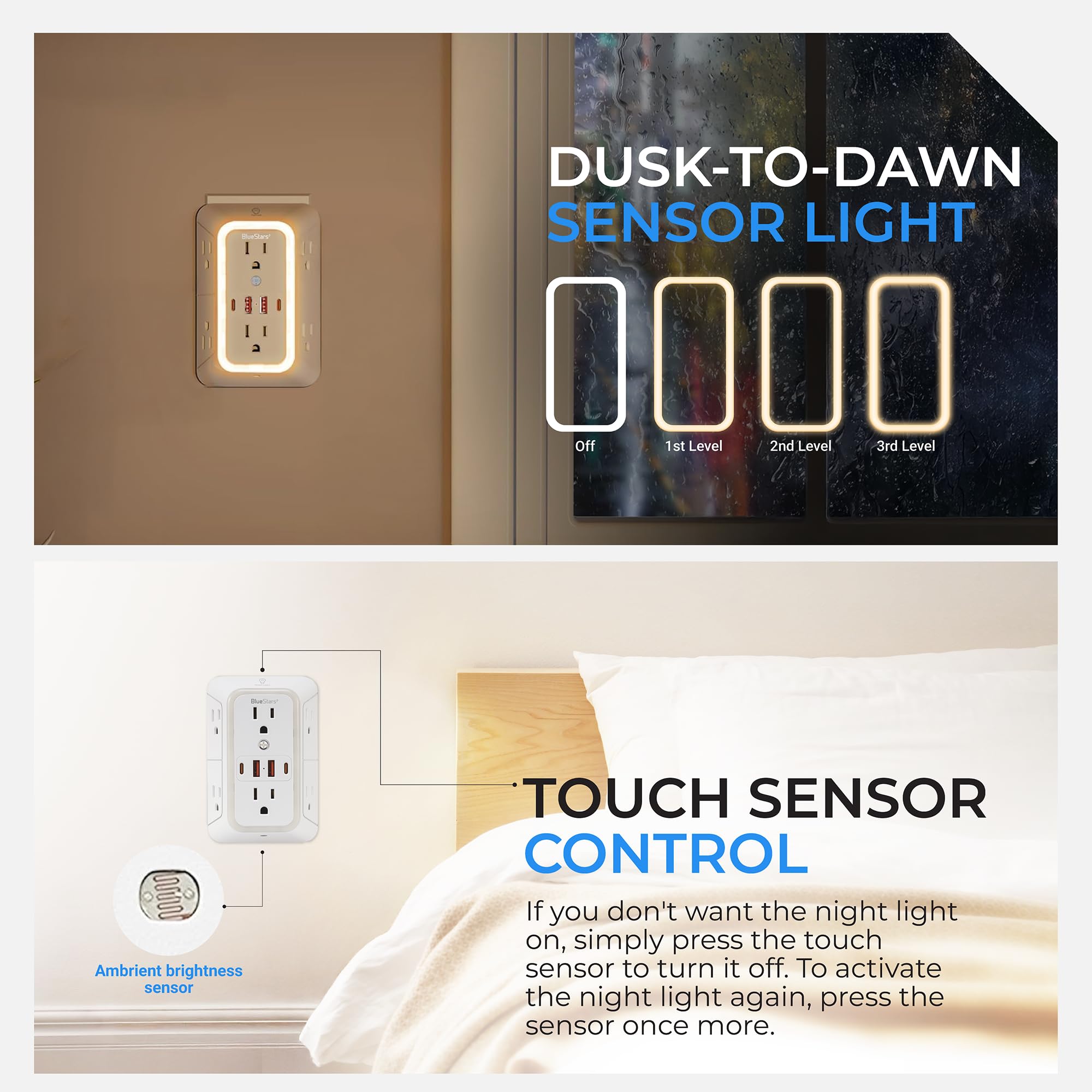 Cargador de pared USB con protector de sobretensiones de enchufe múltiple con 4 puertos USB y luz nocturna tira de alimentación de 3 lados con adaptador de tomas espaciadas