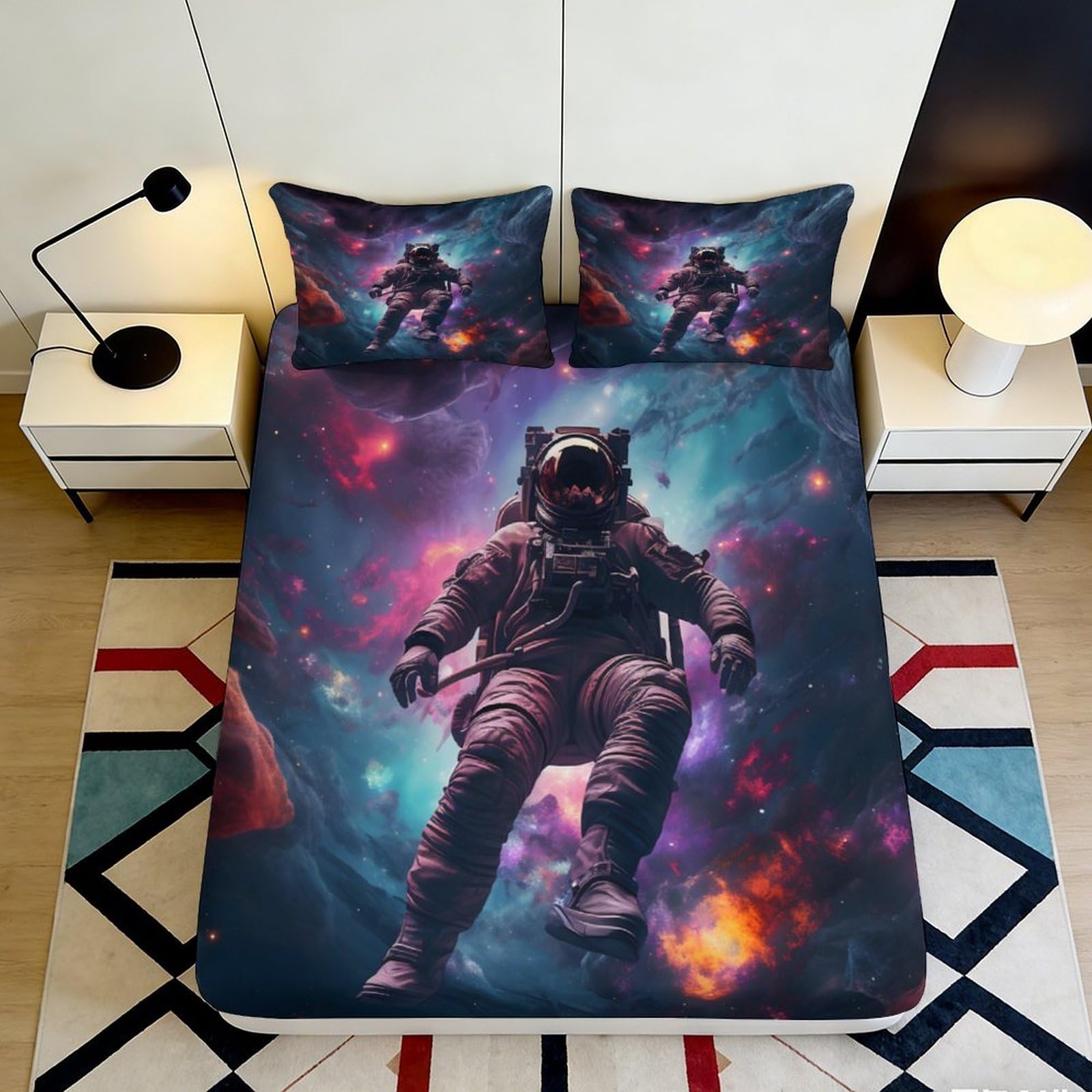 3D Printed Astronaut Galaxy Fitted Sheet Microfiber Soft Breathable Cosmic Nebula Mattress Cover Bedroom Decor 90x200x25cm