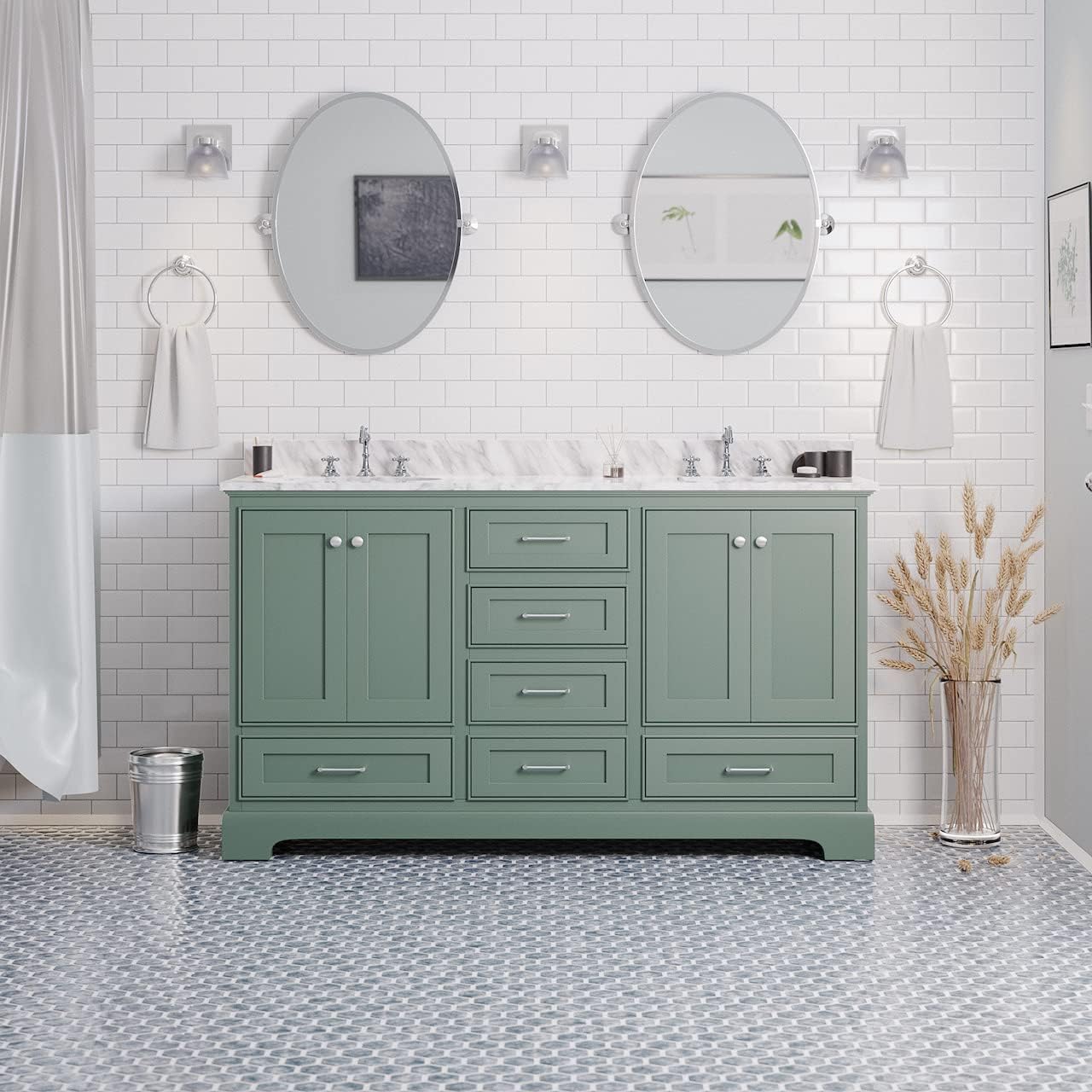 Kitchen Bath Collection Harper 60-inch Double Bathroom Vanity (Carrara/Sage Green): Includes Sage Green Cabinet with Authentic Italian Carrara Marble Countertop and White Ceramic Sinks