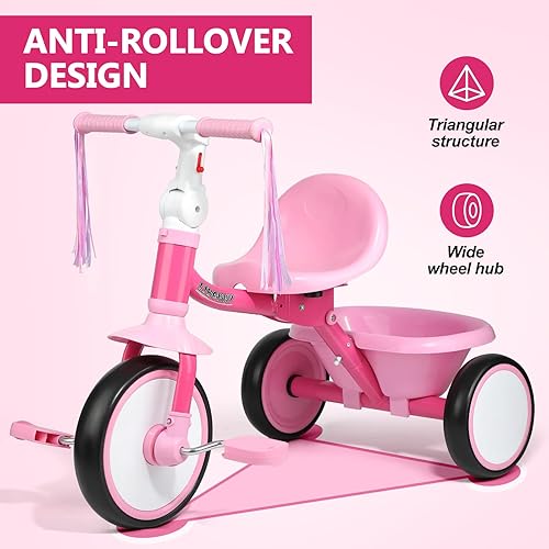 Miniatura 3 de Liberry Triciclo plegable para niños de 2, 3 y 4 años, triciclo para niños con asiento ajustable, cesta y serpentinas, juguete de 3 ruedas para
