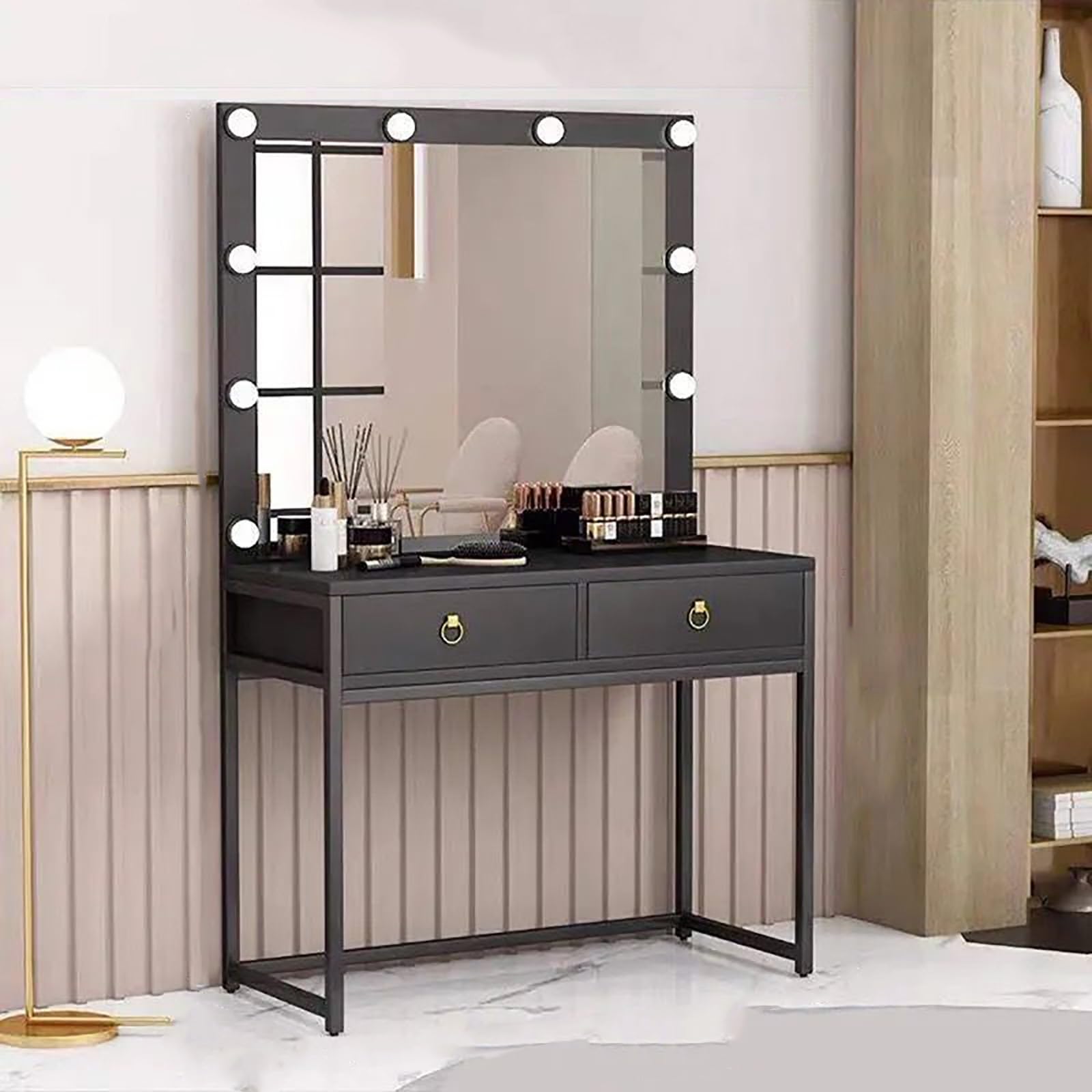 asdchZen Lighted Vanity Desk With Mirror, Black Makeup Dressing Table Set, Large Top Dresser With Bench & Free Organizer For Bedroom, 120Cm Stylish Cosmetic Station,Black-120cm