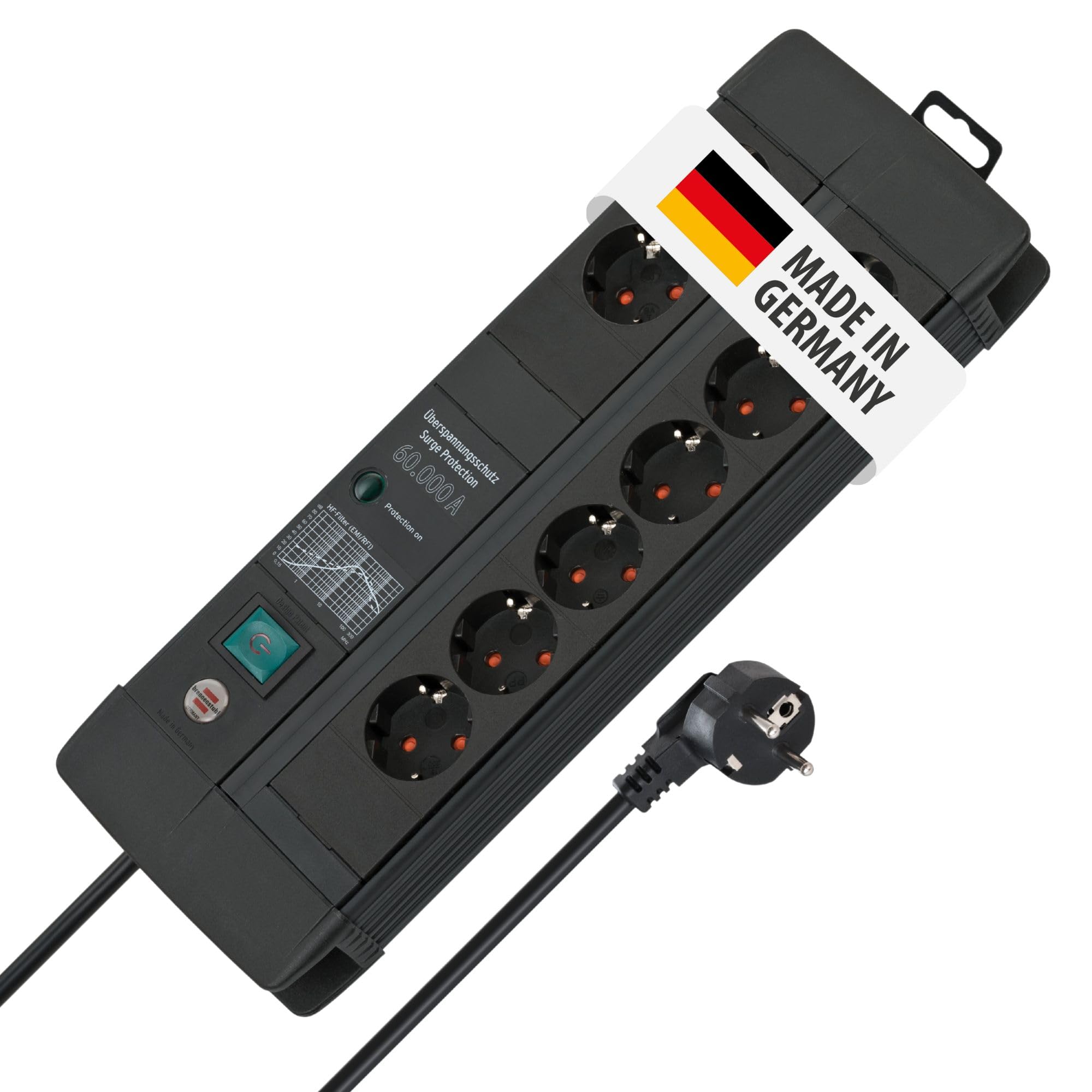 Brennenstuhl Premium-Line Duo regleta enchufes de 8 Tomas con protección contra sobretensiones (Cable de 3 m, Interruptor, protección hasta 60.000 A, Fabricado en Alemania) Negro