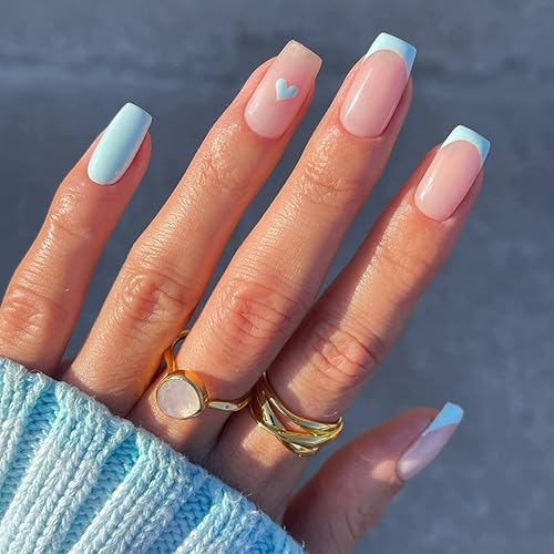 Uñas cuadradas a presión con punta francesa uñas postizas a presión con diseños de corazón uñas postizas cortas de cobertura completa uñas acrílicas