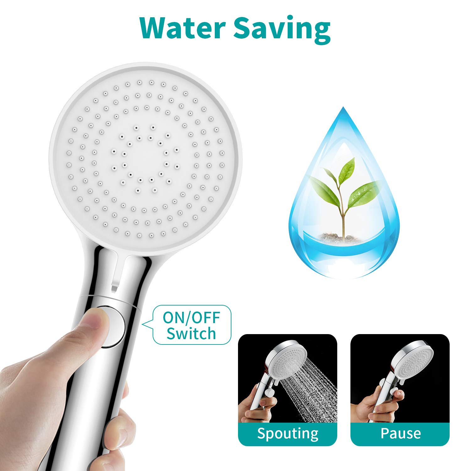 MIAOHUI Pommeau de douche avec tuyau et interrupteur marche/arrêt, 3 réglages haute pression, pommeau de douche amovible avec tuyau, support d'angle réglable, support de baguette basse portée, chrome
