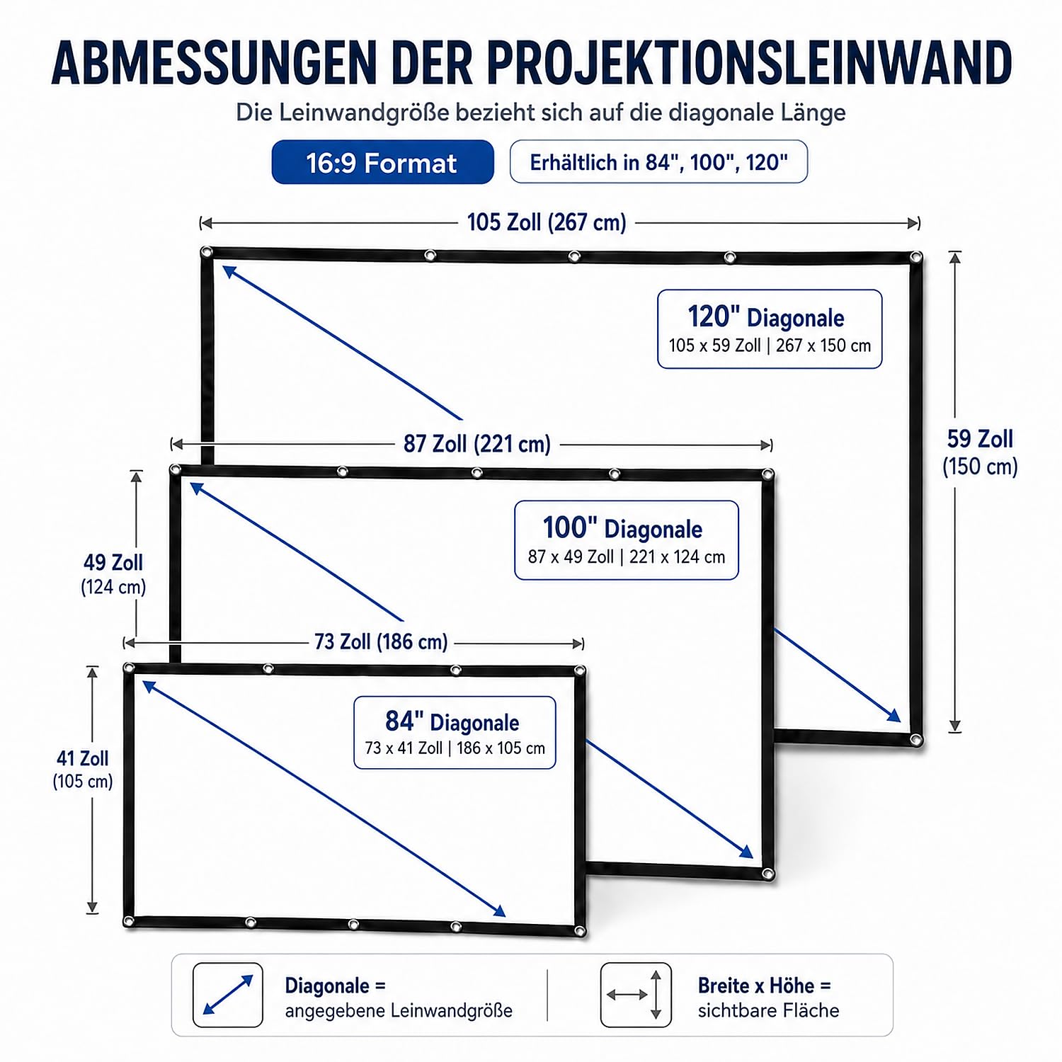 120 Zoll Beamer Leinwand 16:9, Faltbar Faltenfrei Tragbare Projektorleinwand für Heimkino Outdoor Indoor, Unterstützt Beidseitige Projektion, 267cm*150cm