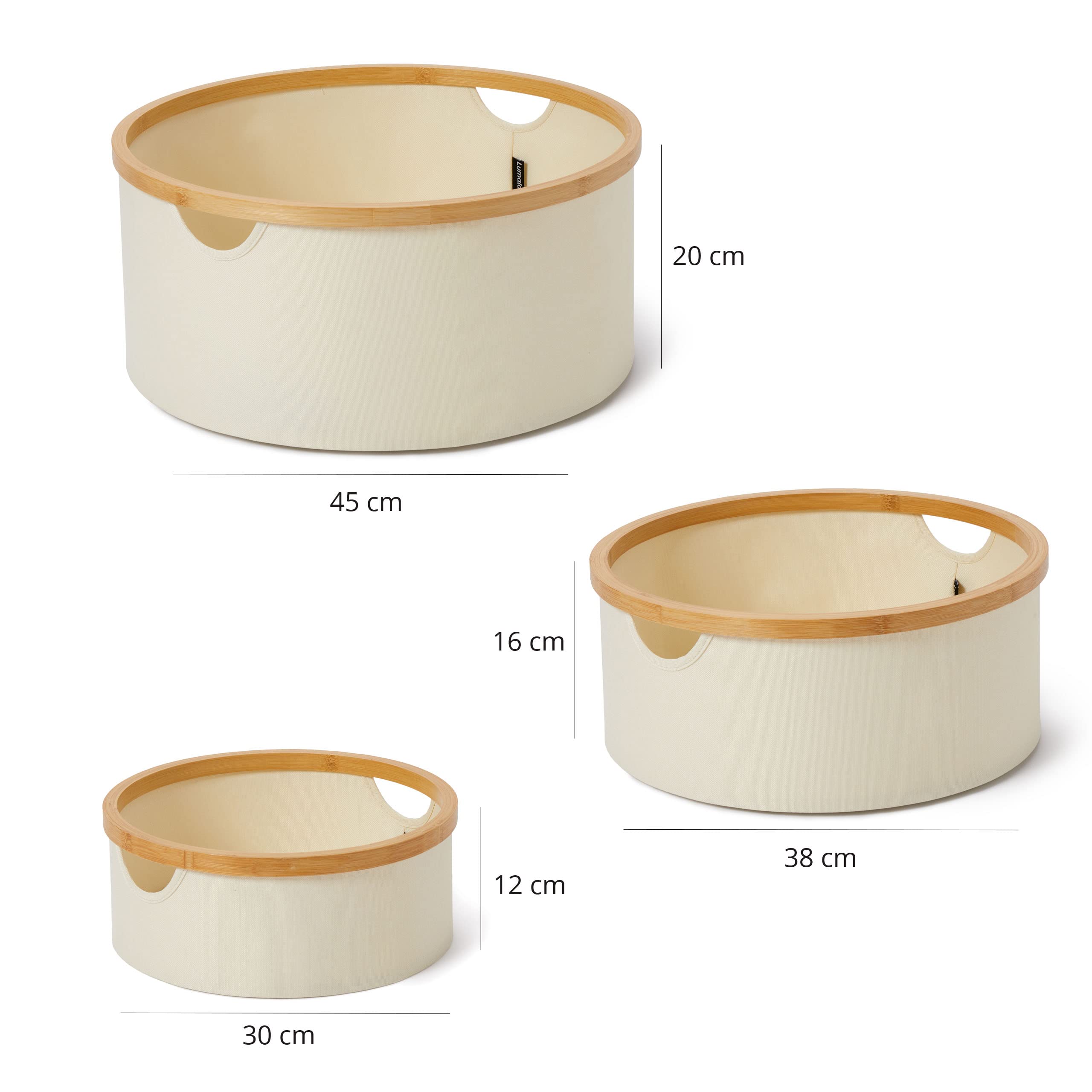 Lumaland Bambus-Rahmen Aufbewahrungsbox 3er Set rund | Boxen in den Maßen ø 45 x 20 cm, ø 38 x 16 cm und ø 30 x 12 cm [Beige]
