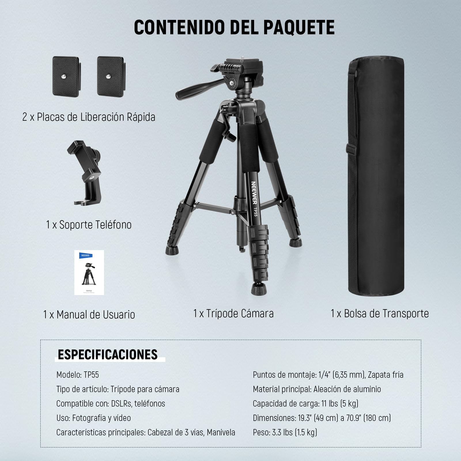 NEEWER BÁSICO Trípode Cámara, 71'' Trípode con Soporte Móvil Montaje Compatible con iPhone para Grabación Vídeo, Soporte Viaje Portátil Ligero Profesional Aluminio con 3 Way Pan Tilt Head, TP55