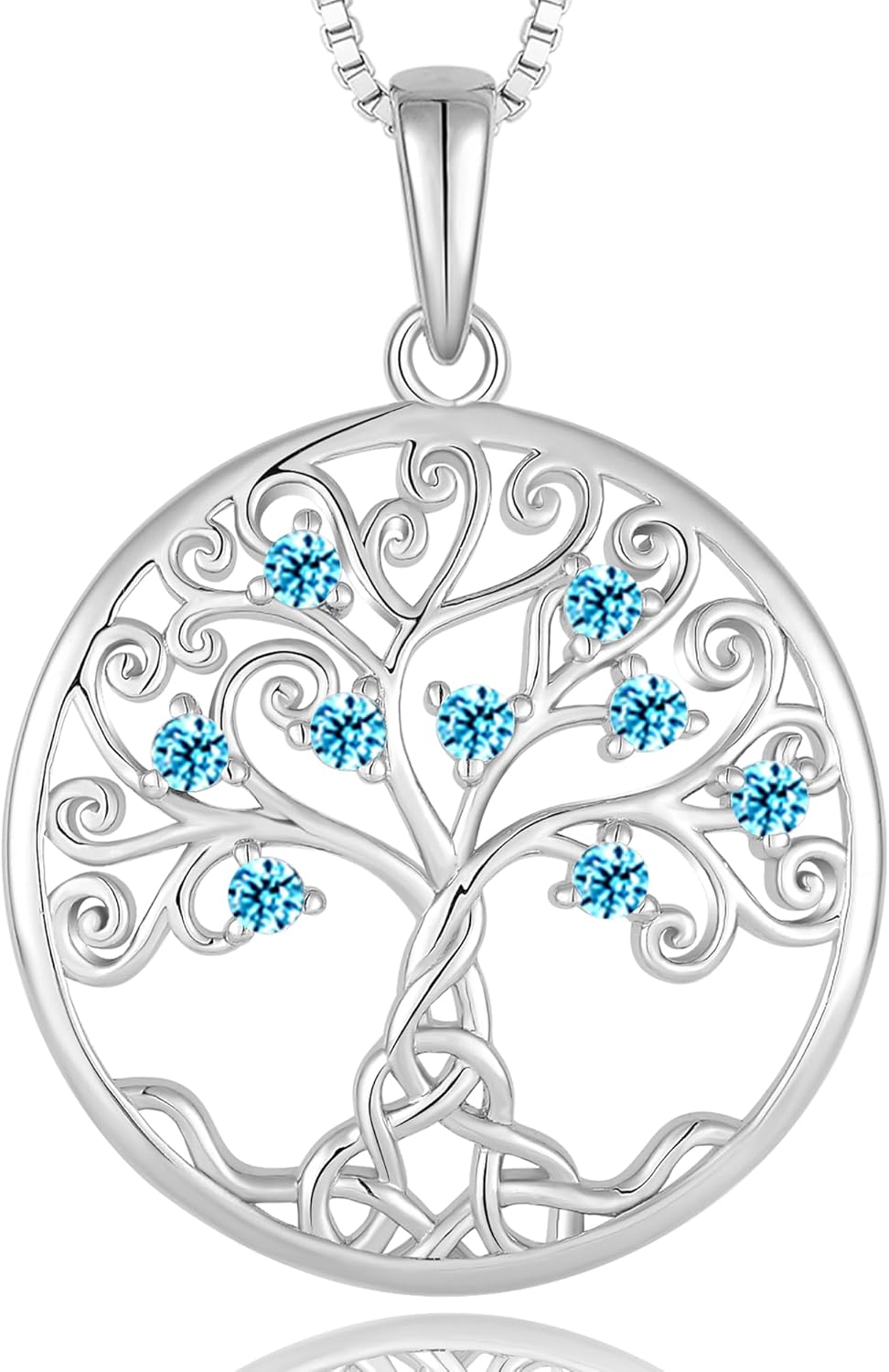 YL Tree of Life Celtic Knot Twisted Necklace for Women, Solid Sterling Silver 18K White Gold Plated Birthstone Mother Mom Grandma Pendant Box Chain Jewelry
