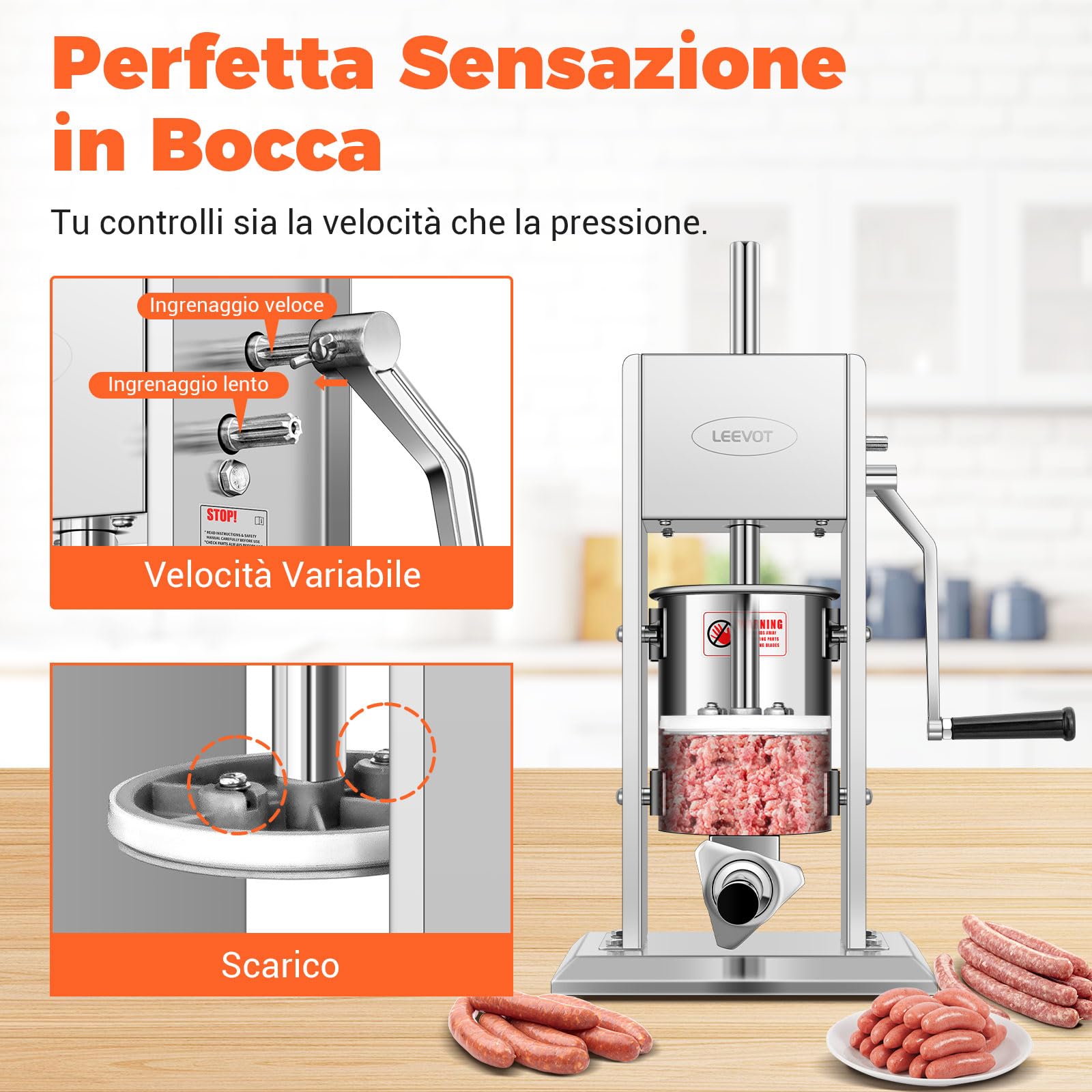 LEEVOT Insaccatrice per Salsicce 3L/7Lb, Acciaio Inossidabile 304, Macchina per Salsicce Regolabile a 2 Velocità, 4 Tubetti di Riempimento (Argento)