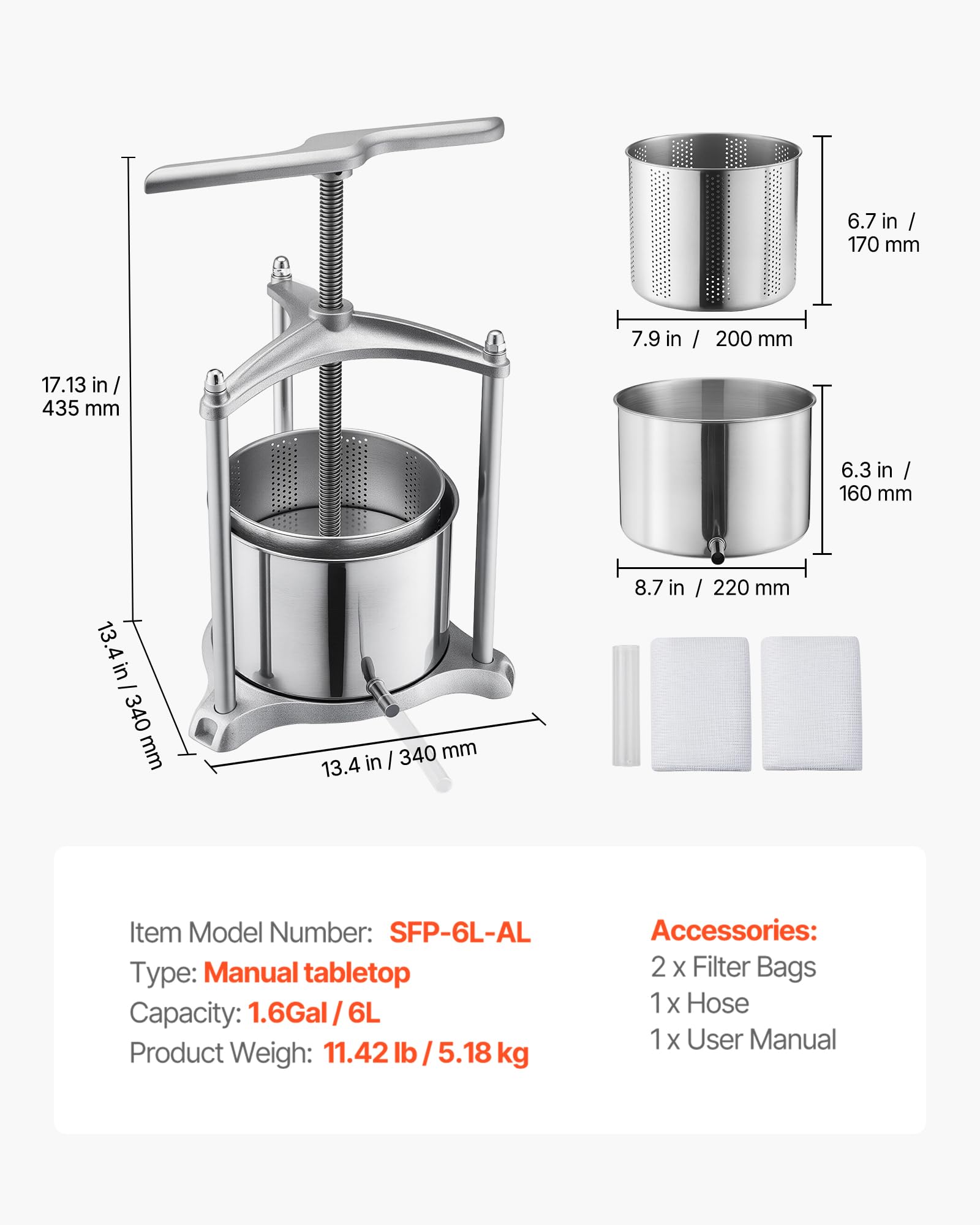 VEVOR Pressoir à Fruits Manuel 6 L, Presse à Vin Traditionnelle en Acier Inoxydable, pour Fabrication de Cidre Jus Raisin Pomme Agrumes Légumes Cuisine, Presse Fruits avec Poignée en T Robuste