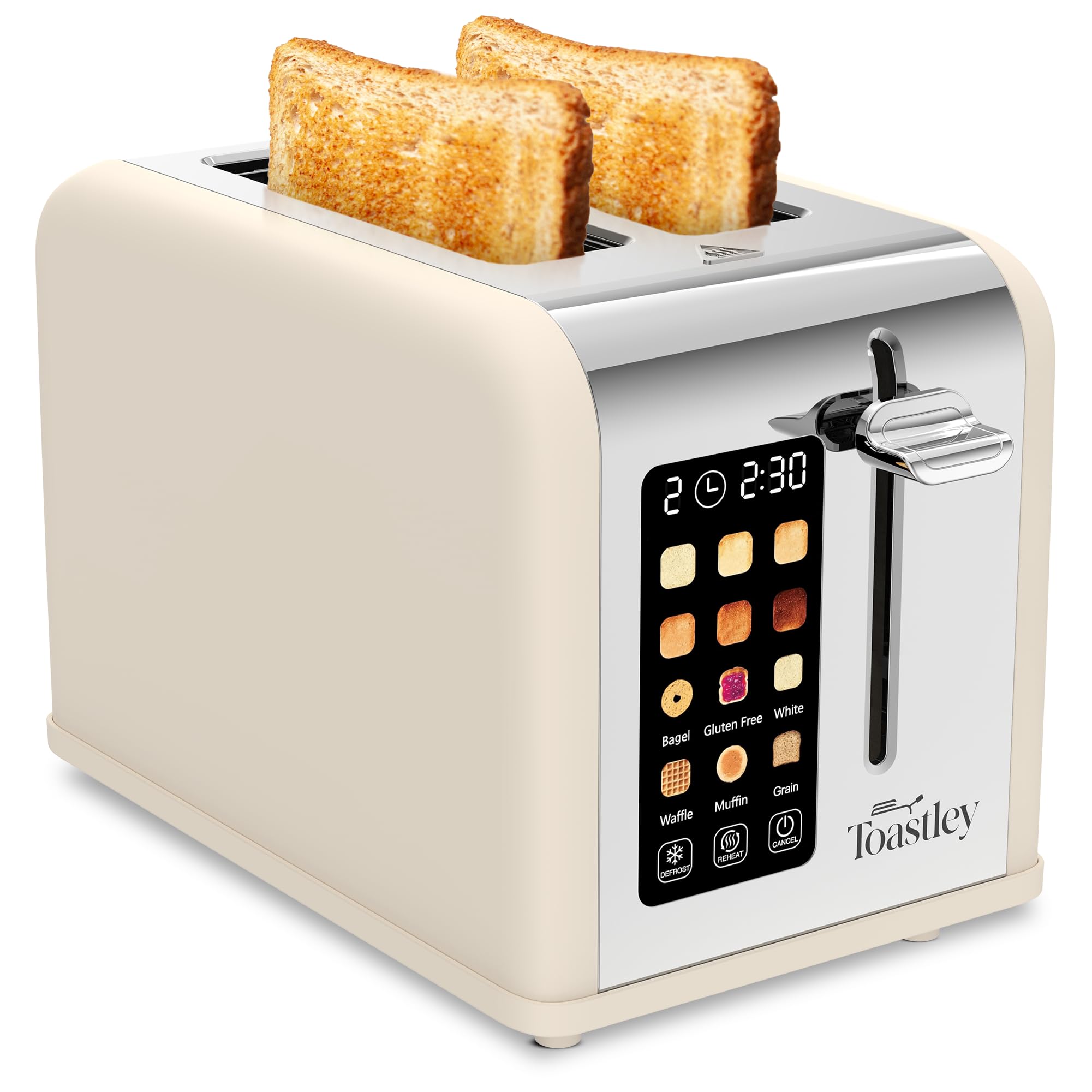 Toastley 2 Slice Smart Toaster with Touchscreen Control, 6 Browning Levels & 6 Bread Modes, Extra-Wide Slots, Bagel/Defrost/Reheat, Extra-Lift Lever, 880W