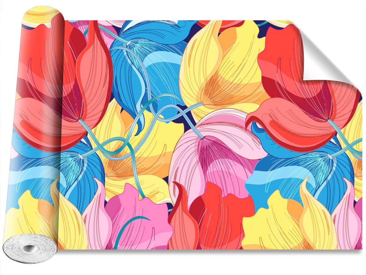 Papier peint fleurs colorées pour masquer un mur abîmé sans colle ni travaux