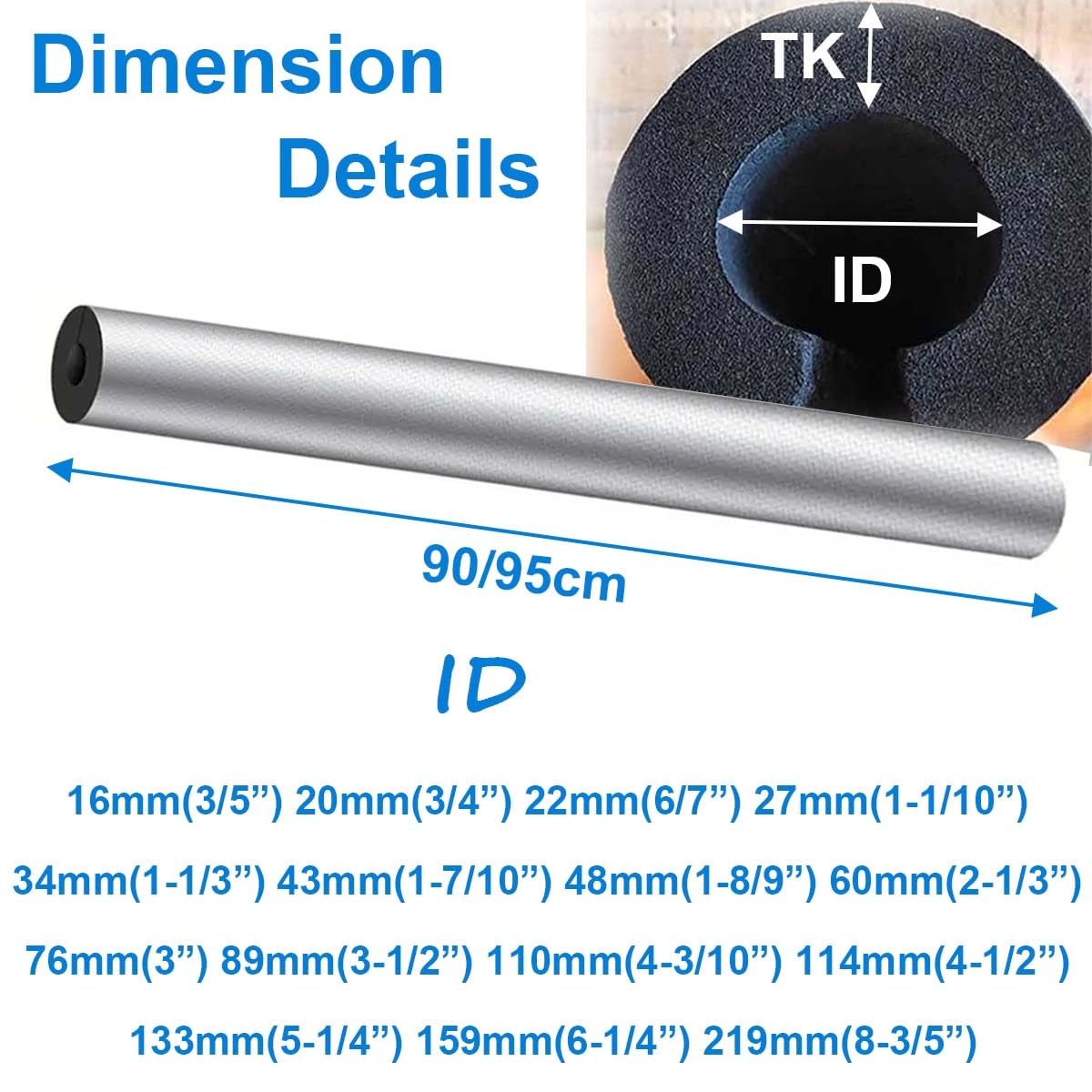 Tubo Isolante Termico Per Tubi, Guaina di Isolamento per Tubi, Diverse Taglie, Ideale per Tubi di Diametro di 16-219mm,Utilizzato per Tubi dell'Acqua Fredda e Calda((ID)219MM x (TK)30MM x (L)0.95M)
