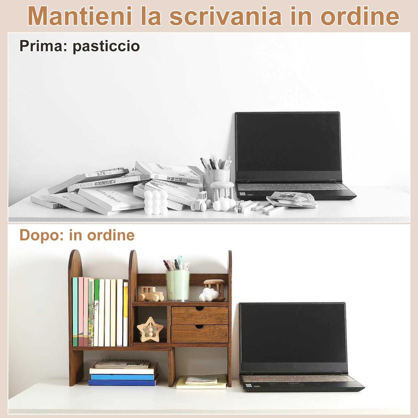GUUSII HOME Scaffale da Scrivania per Ufficio Libreria da Scrivania Con Cassetti per Camera da Letto Libreria da Tavolo Regolabile in Bambù Piccolo Deposito per Cucina Mensola Scrivania in Piedi Libri