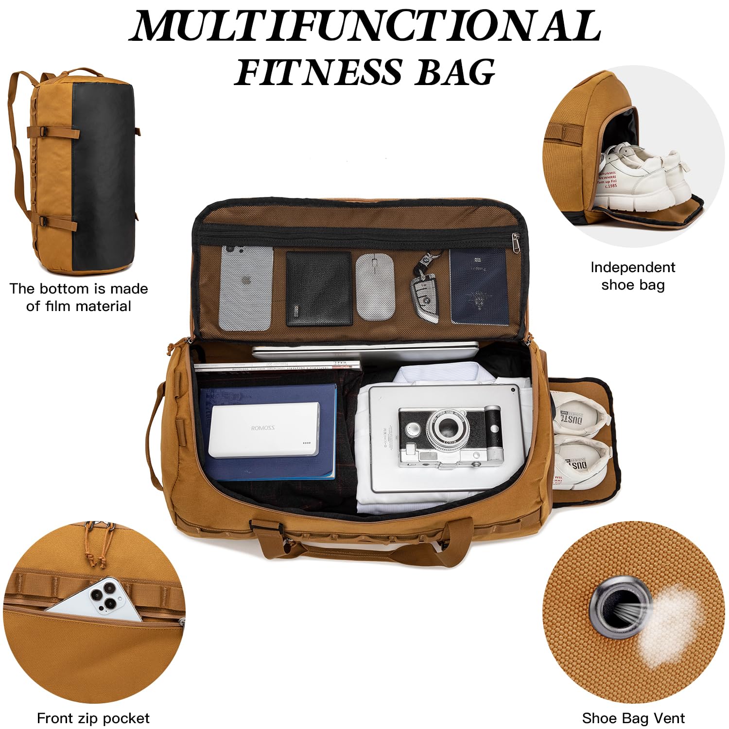 Lyweem Sports Gym Bag Mens, Large 60L Tactical Travel Duffle Bag with Shoes Compartment Women, Overnight Duffel Bag Backpack - Image 3