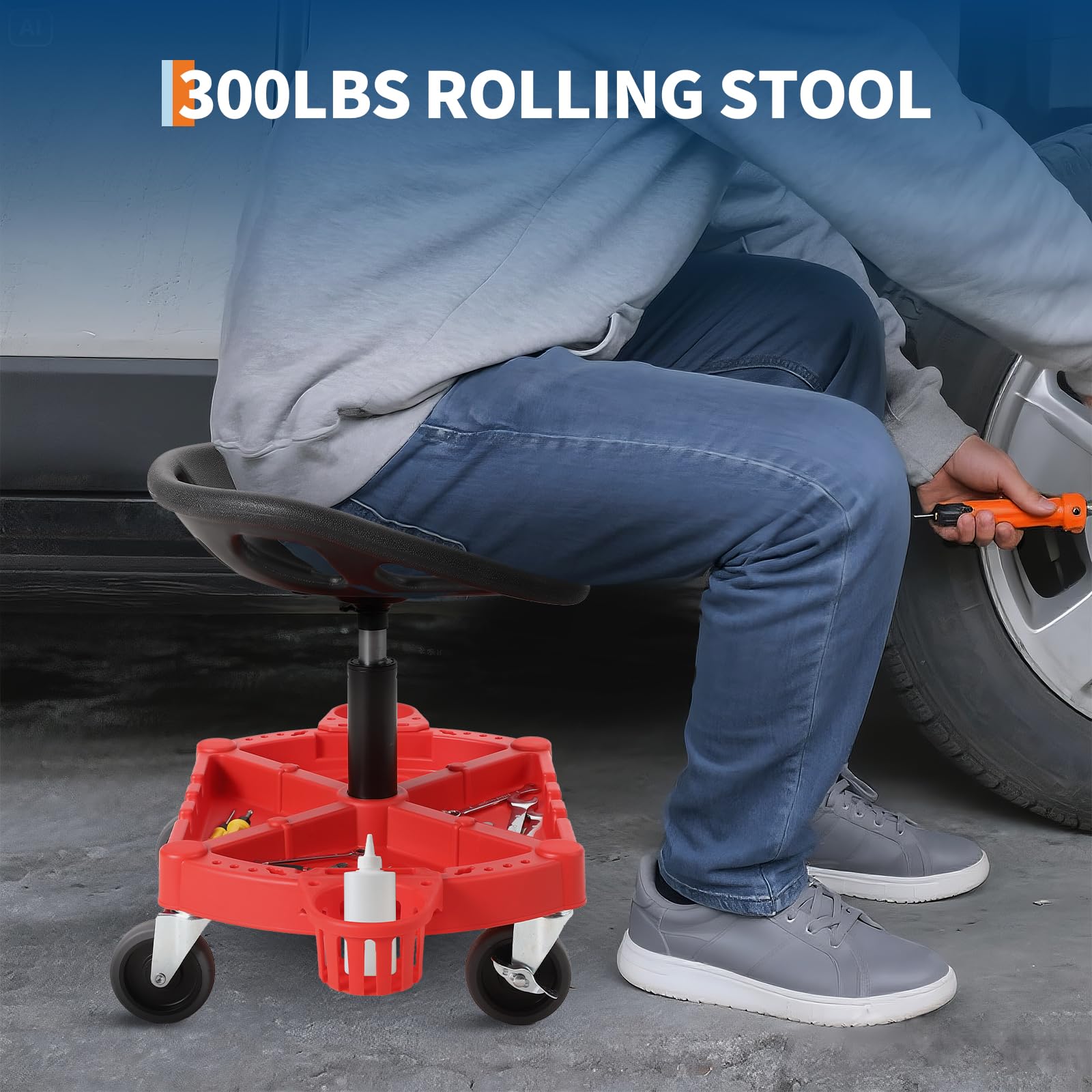 Garvee Höhenverstellbarer Werkstatthocker mit Rollen – Ergonomisch und gepolsterter Sitz, 360° dreh- und feststellbare 10 cm Rollen, abnehmbares Magnet-Werkzeugfach, ideal für Kfz-Reparatur & Garage