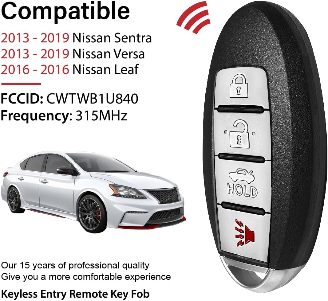 2 Keylessbest Replacement for 2013-2019 Nissan Sentra Versa Leaf Key Fob Remote Control CWTWB1U840 4 Buttons 315MHz