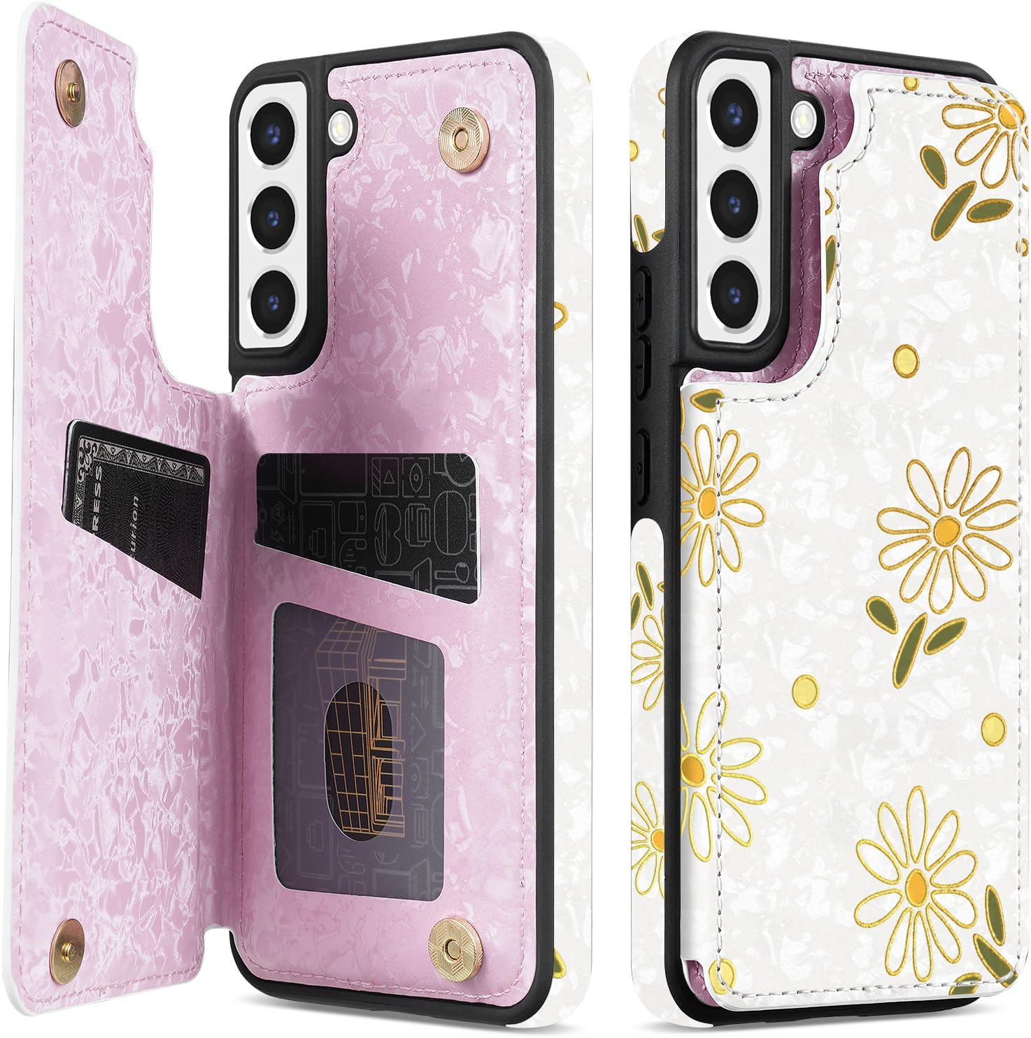 NNH Compatible with Samsung Galaxy S22 Wallet Case with RFID Blocking Card Slots Folio Flip PU Leather Kickstand Double Magnetic Clasp Design Cover for Galaxy S22(6.1 inch-White Little Daisy)