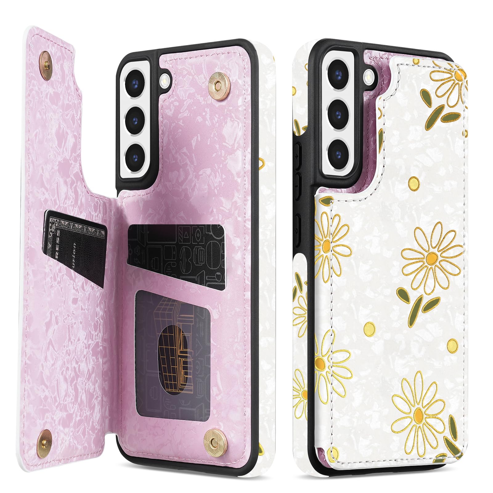 NNH Compatible with Samsung Galaxy S21 Wallet Case with RFID Blocking Card Slots Folio Flip PU Leather Kickstand Double Magnetic Clasp Design Cover for Galaxy S21(6.2 inch-White Little Daisy)