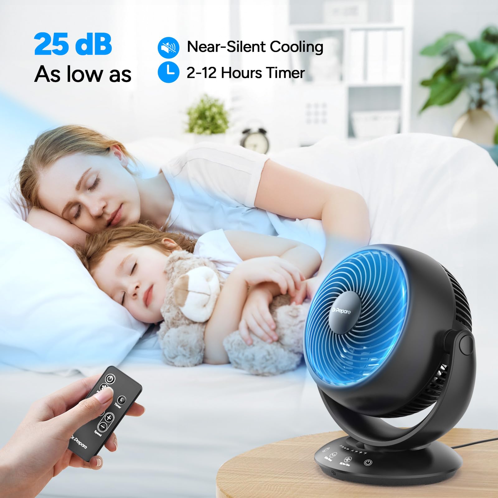 DR.PREPARE Ventilatore da Tavolo Circolazione d'Aria 25dB Ventilatore Potente Silenzioso 3 Velocità Timer 12H Oscillazione 90° Inclinazione 90° con Telecomando per Camera da Letto Ufficio