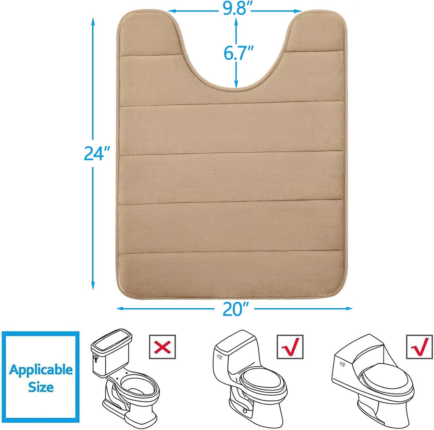 Buganda Memory Foam U-Shaped Contour Toilet Rugs, Non Slip Absorbent, Thick Soft Washable Bathroom Mat, Floor Carpet Bath Rugs Mat for Toilet Base (24" x 20", Camel) - Image 2