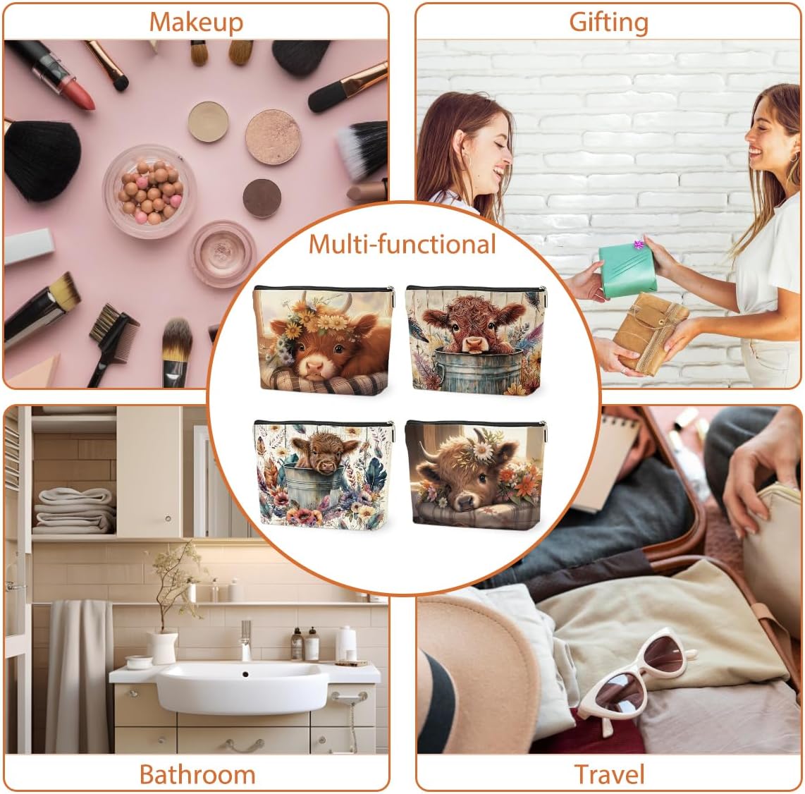 4 PCs Highland Cow Makeup Bag Cow Print Stuff Highland Cow Gifts Cosmetic Bag, Western Gifts for Women Scottish Girls Best Friends Coworkers, Cute Cow Stuff Christmas birthday Gifts Zipper Pouch - Image 6