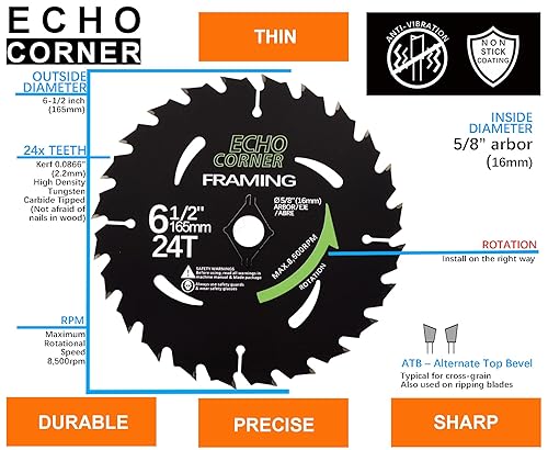 Miniatura 3 de Hoja de sierra circular de 6-12 "Carburo 48T+24T 58" Arbor Antiadherente Recubrimiento Combo Pack, Heavy Duty Fine Cut Final Crosscut Framing Madera