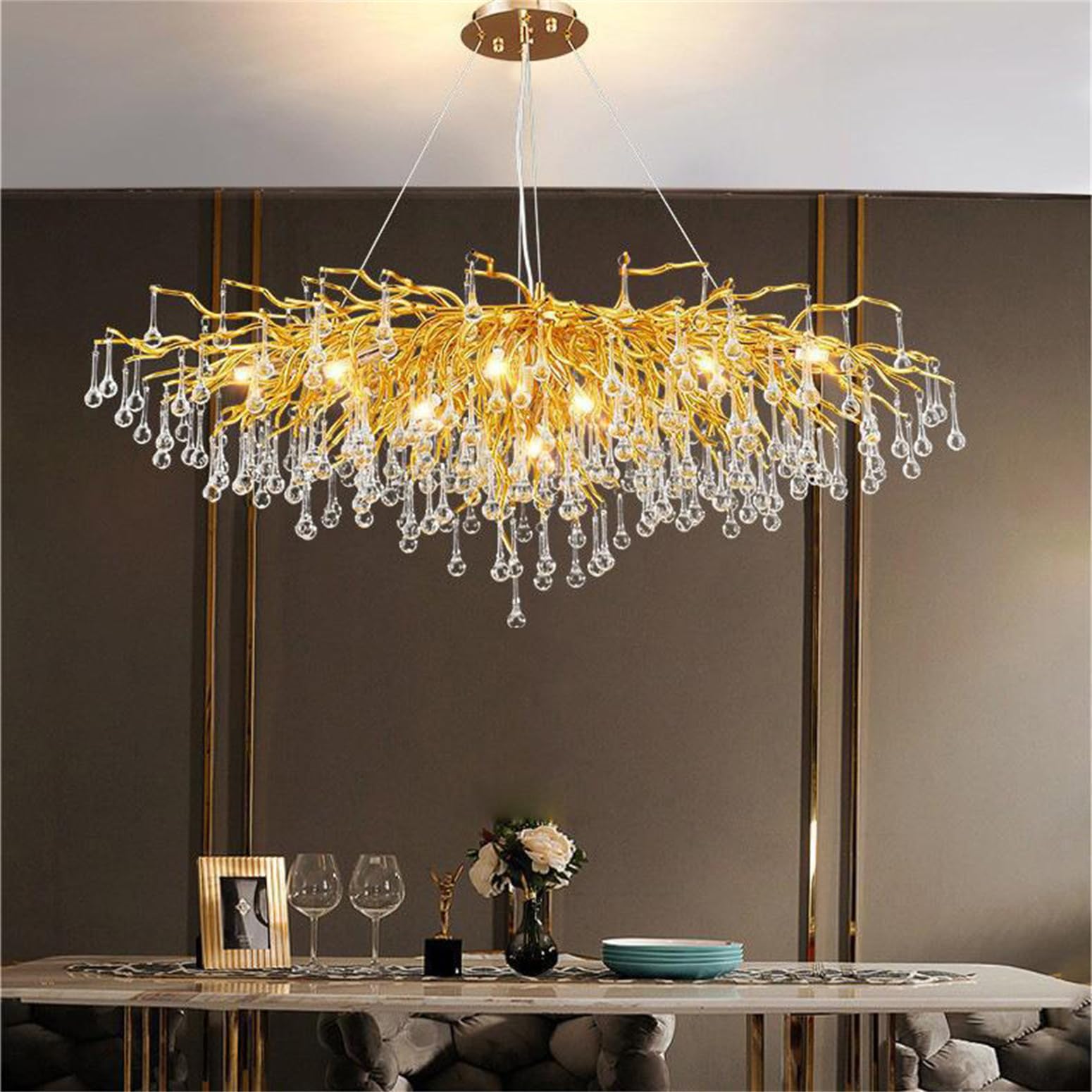 KXEcoLife Modern Crystal Chandeliers, Luxury Tree Branch Chandelier Hanging Light Fixtures, Raindrop Chandeliers for Dining Room,Living Room,Rectangular 80cm