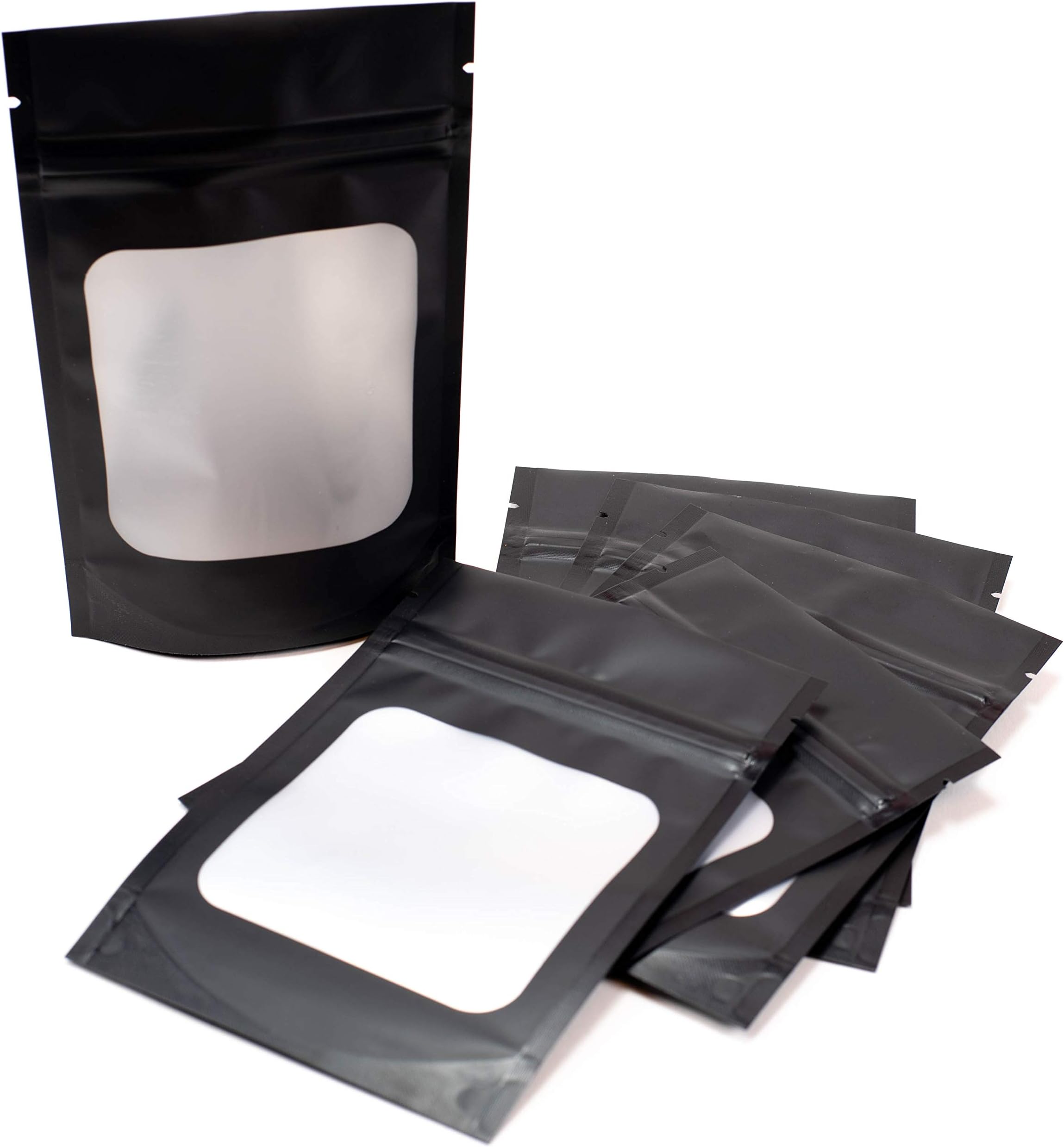 PROGRESS Online » Stand up bottom 110 Pieces Smell Proof Thick Black Mylar Resealable Foil Bags With Window Airtight Ziplock Top Heat Sealable Food Safe Matte Black (4X6 inches)