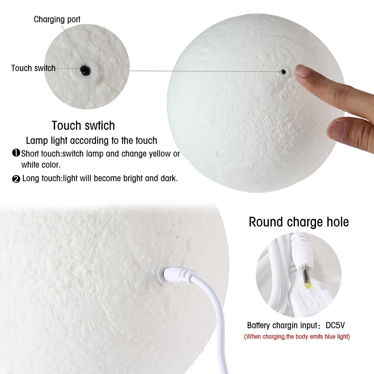 Stampa 3D Luna Lampada Notturna,KINGCOO Ricaricabile Luminosità Giallo Bianco Lampada da Tavolo Regolabile Decorazione Camera per Bambini Compleanno Regalo Natale(7.87 inch/20cm)