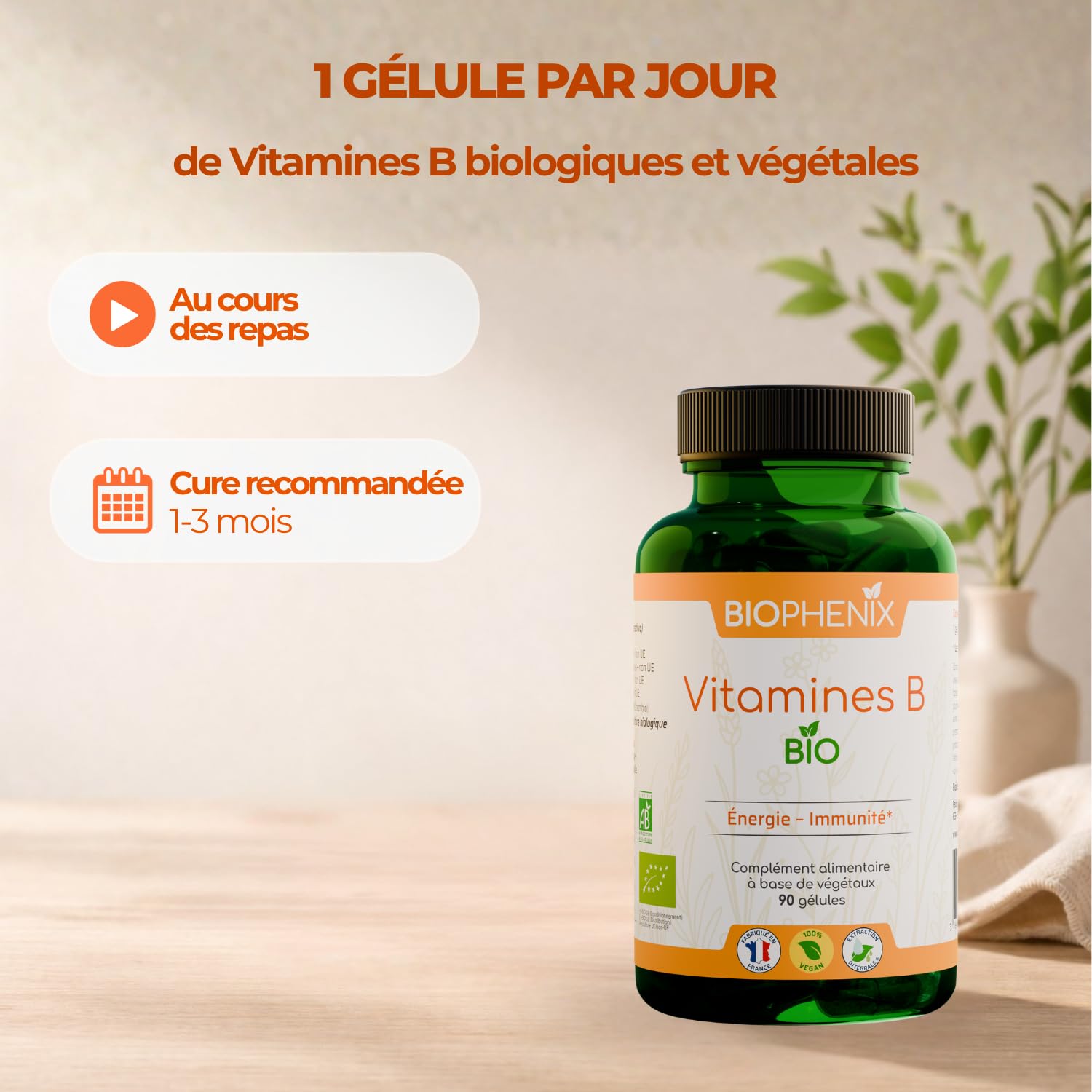 Biophénix - Vitamines B Bio 90 Gélules - 100% Naturel à Base de Végétaux - Énergie, Vitalité & Système Nerveux - Vitamines B1, B2, B3, B5, B6, B8, B9 et B12 - Fabriqué en France - Vegan