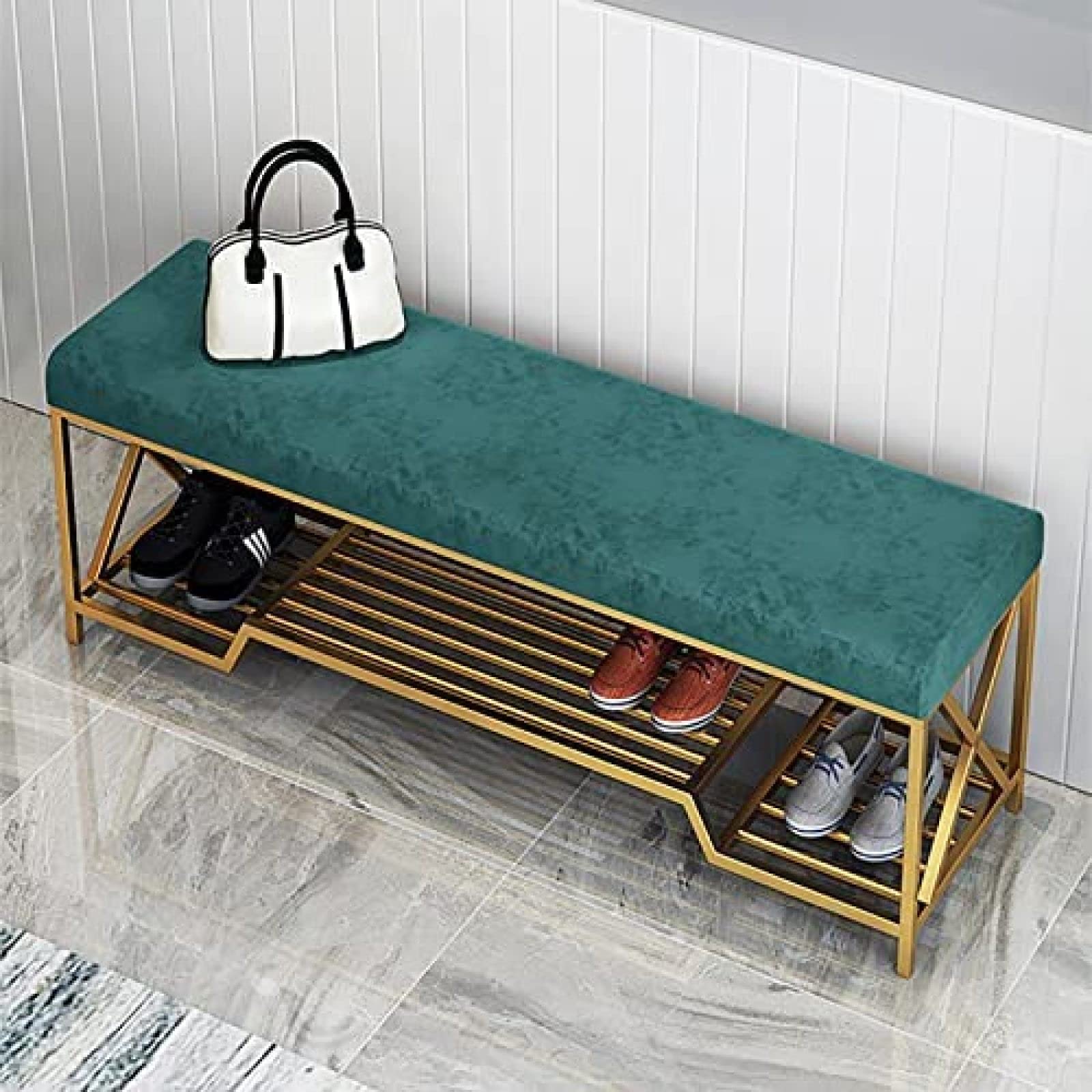 Banc d'entrée en flanelle verte et métal doré de luxe pour couloir chic 120cm