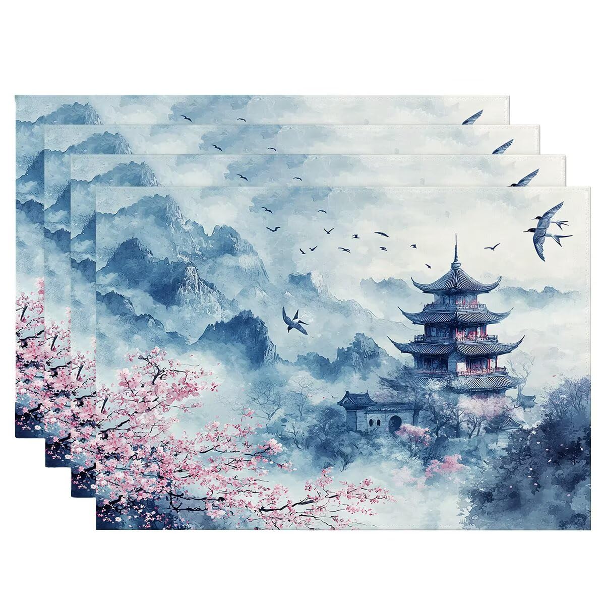 Set de table Japon en lin lavable 50x35 cm - Lot de 4 dessous de table paysage antidérapants
