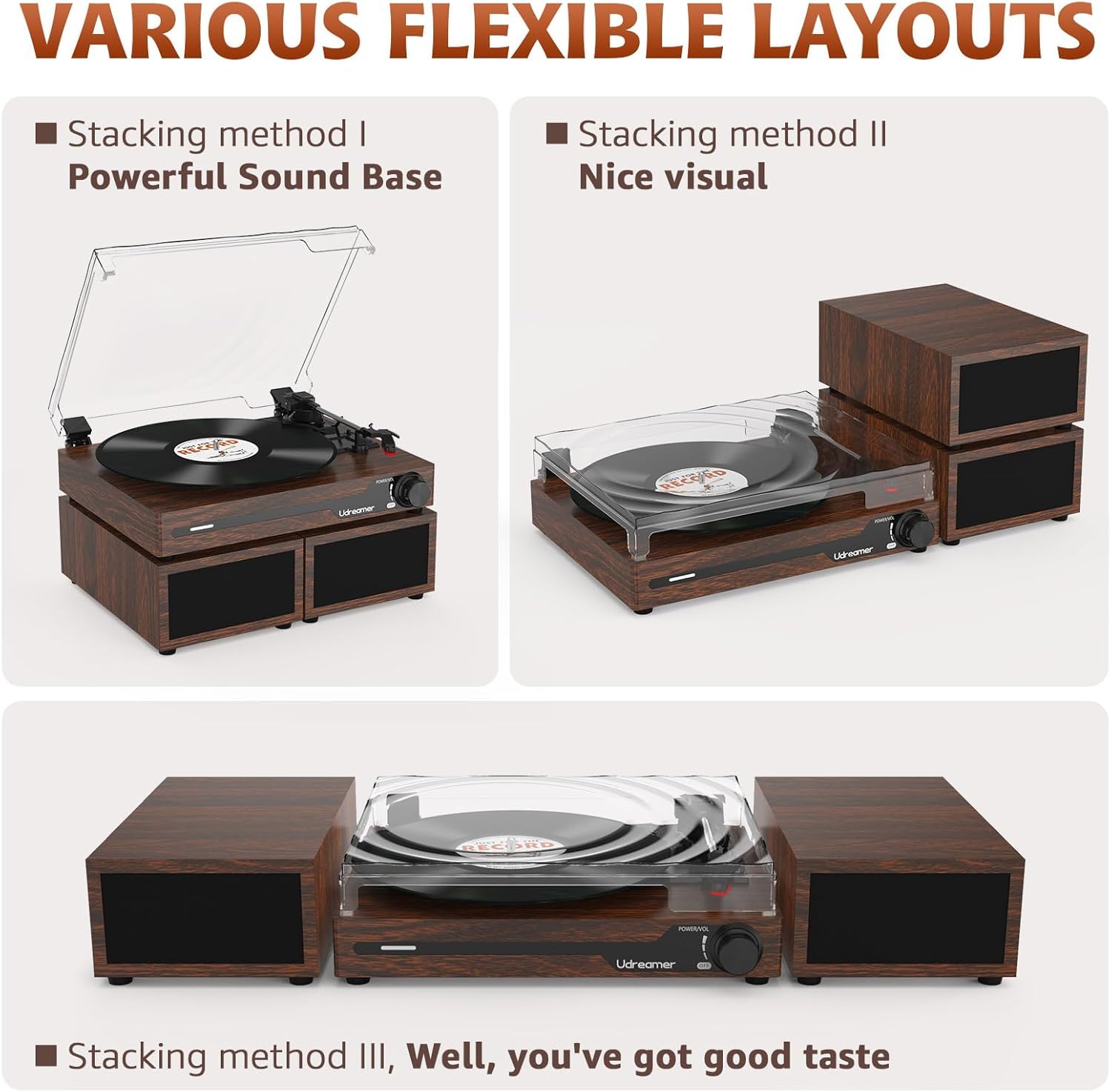 Udreamer Giradischi con 2 altoparlanti stereo doppio, giradischi vintage Bluetooth 5.3 supporta 3 velocità, AUX-In, RCA Line, USB, riproduzione wireless, noce