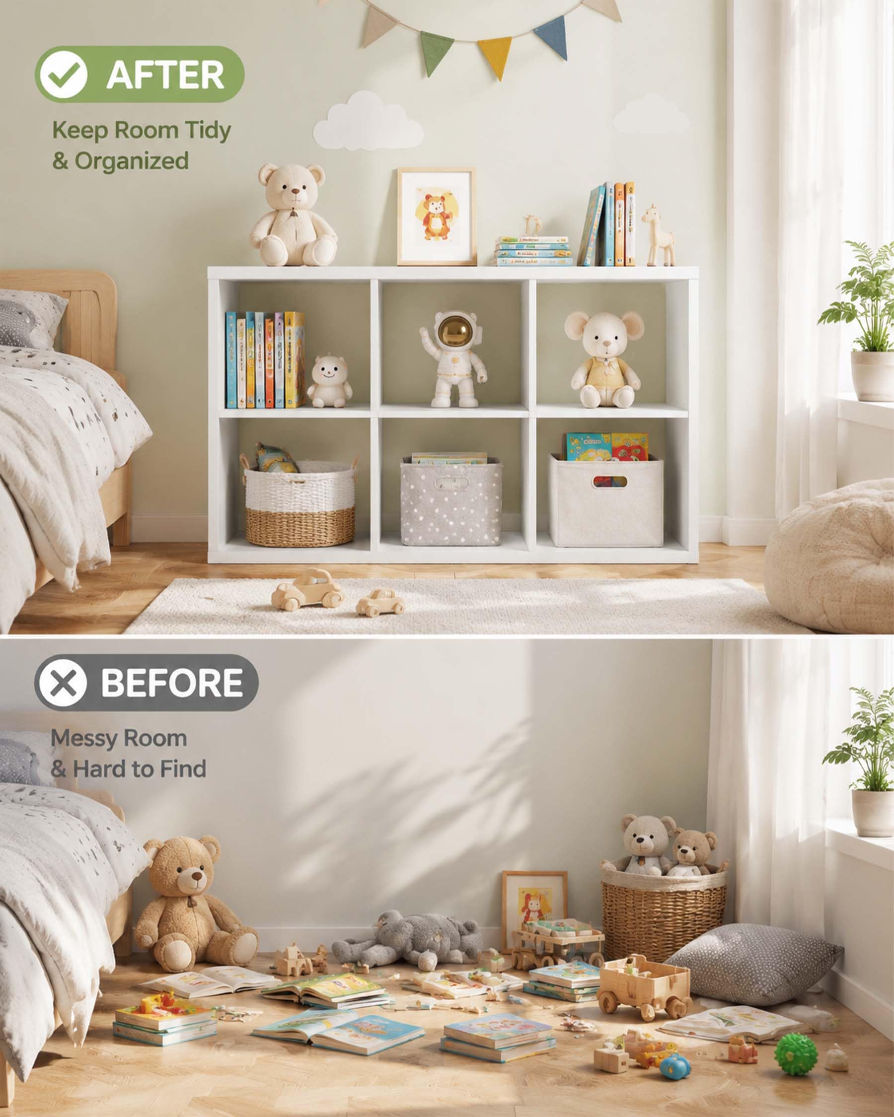 Libreria Bambini e Scaffale Portatutto - Mobiletto Organizzatore Giocattoli Bianco, Scaffale con 6 Cubi, Mobile Contenitore Stabile per Cameretta e Salotto, 92.5x29x62 cm