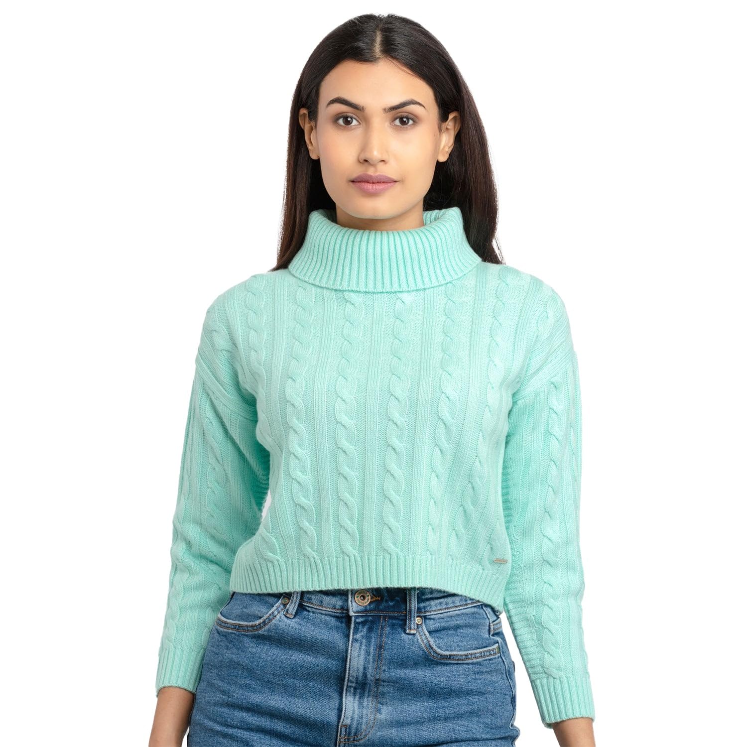 Status Quo Women’s Cable Knit Turtle Neck Sweater | Warm Winter Pullover | Soft Acrylic Knitwear | Regular Fit | Stylish & Cozy