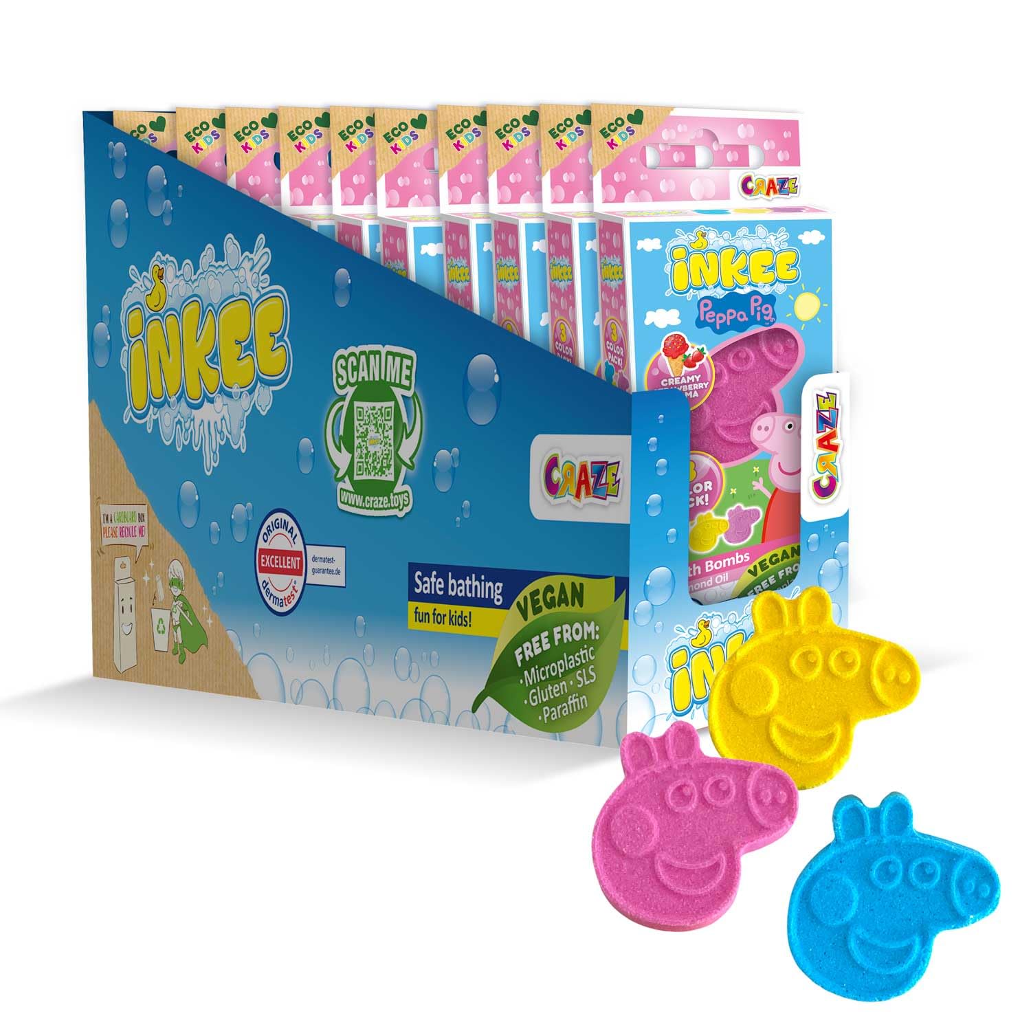INKEE Peppa Pig Mini Badebomben Kinder 10er Pack - 30 Badekugeln - Spaßige Farben, Mandelöl & Erdbeerduft