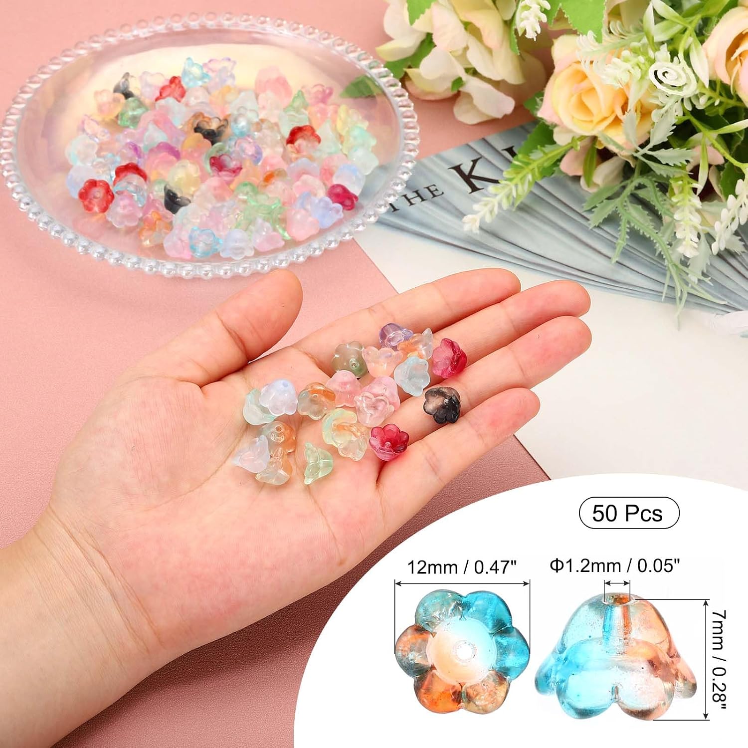 PATIKIL Glass Trumpet Flower Beads, 50 Pcs Gradient Flower Bead Charm for Jewelry Making DIY Craft, Bracelets, Earrings, Necklaces Decorations, Orange Cyan