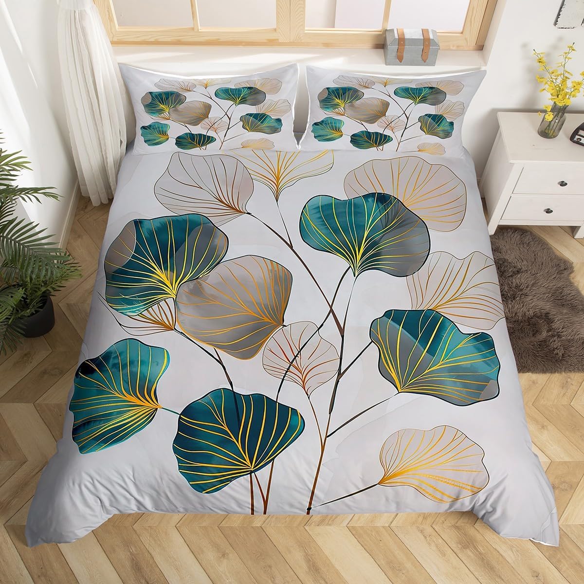 Feelyou Leaves Comforter Cover Ginkgo Leaves Pattern Bedding Set Botanical Leaf Duvet Cover for Children Kids Boys Girls Microfiber Nature Bedspread Cover Nature Room Decor Bedclothes Full Size