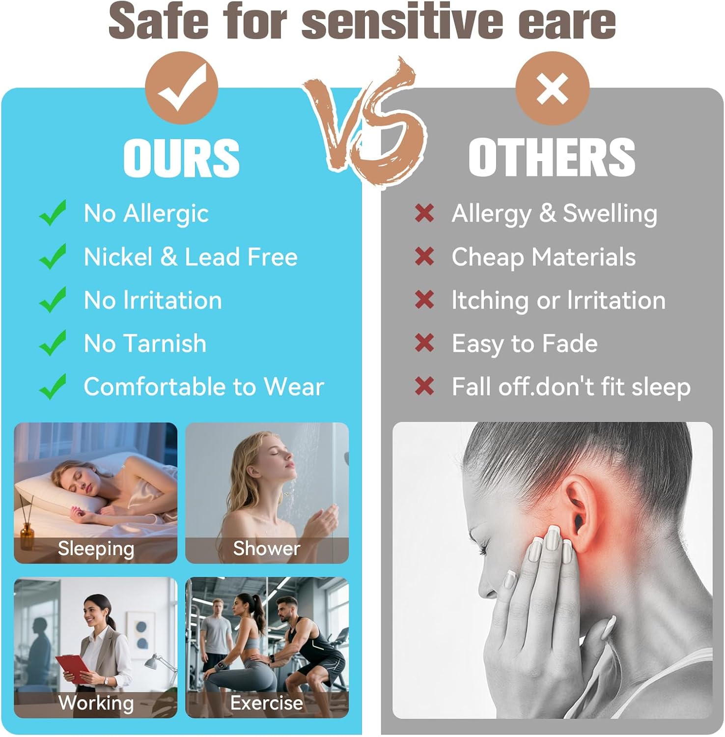 Hypoallergenic Earring for Women Men G23 Titanium 18K Plated Silver Brilliant Cut Simulated Diamond 5mm Cubic Zirconia Stud Earrings Cartilage Earrings for Sensitive Ears - Image 8