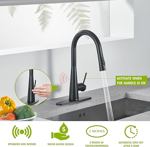 Miniatura 2 de Tohlar Grifo de cocina negro sin contacto con rociador extraíble, grifo de cocina con sensor de acero inoxidable para fregadero de 3 agujeros