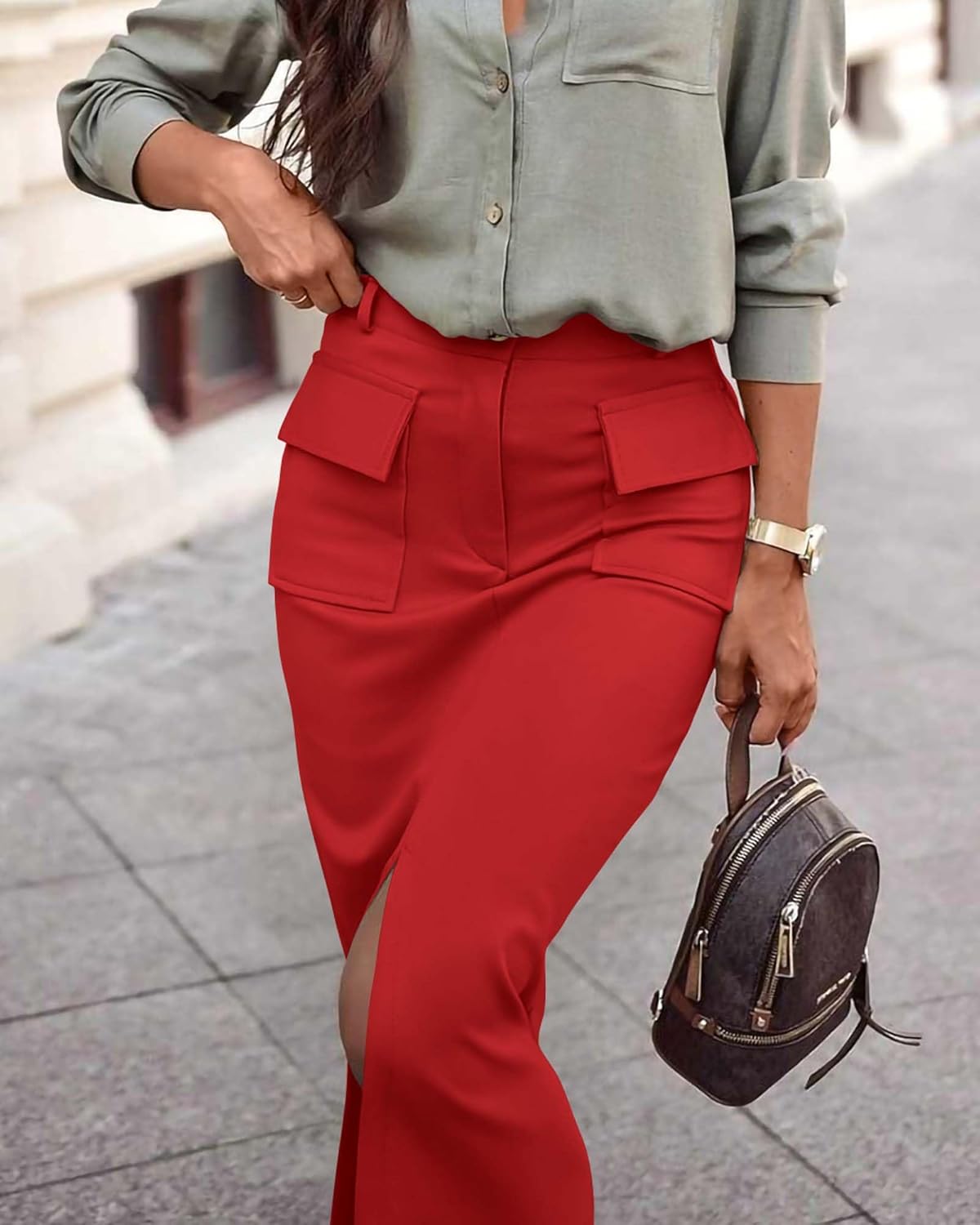 KIRUNDO Midi Skirts for Women Spring Summer High Waisted Cargo Trendy Pencil Slit Dressy Casual Business Work Long Skirt