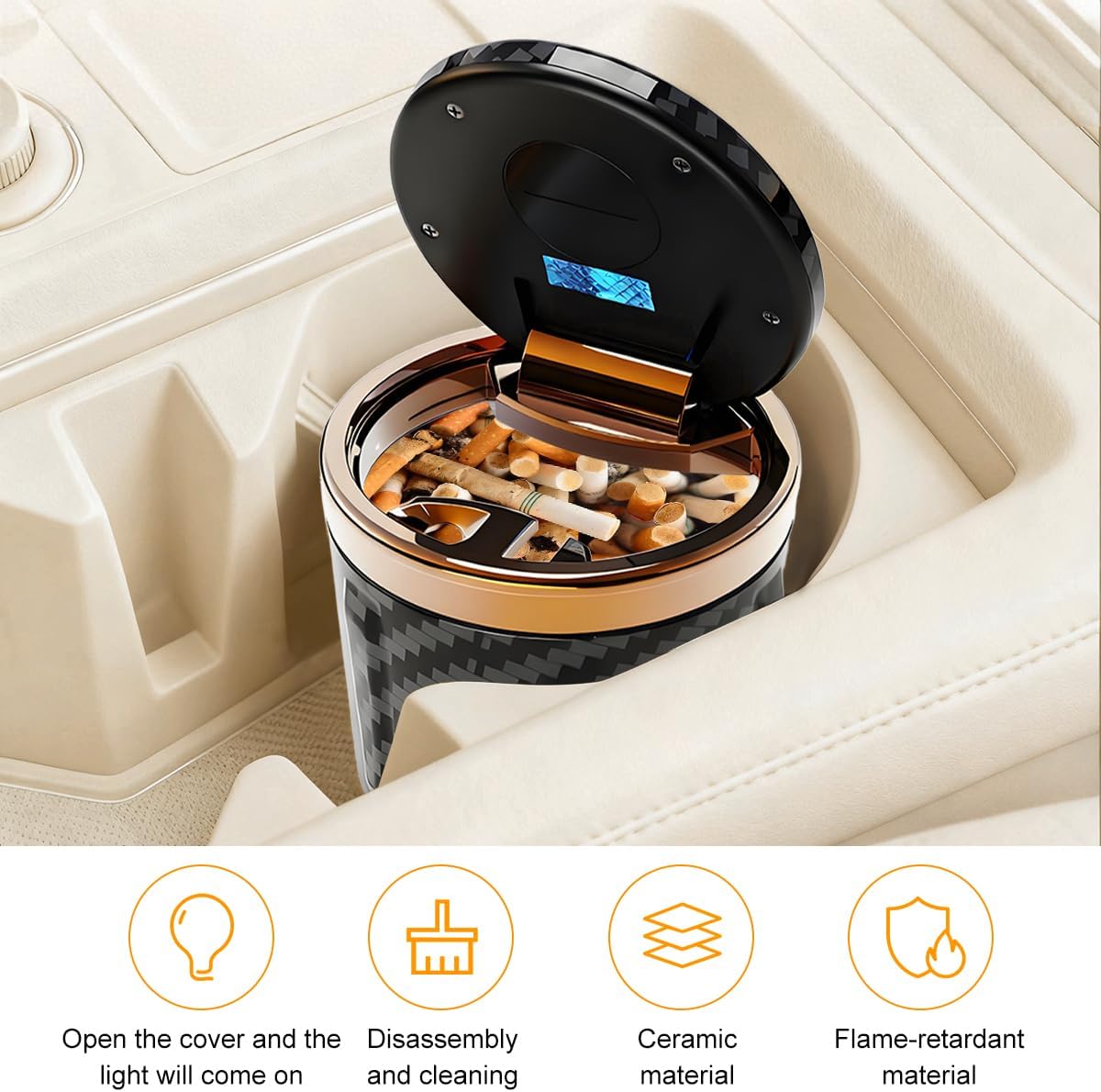 Zpana Car Ashtray with Lid, Smell Proof LED Light Carbon Fiber Vehicle Ash Tray for Cup Holder, Smokeless Detachable Automotive Interior Cigarette Trash Can, Universal for SUV RV Sedan (Gold)