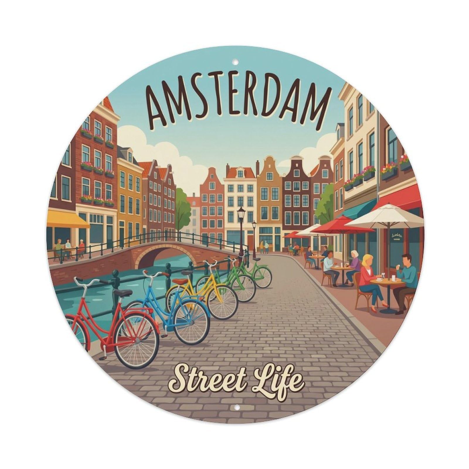 Vintage Travel Amsterdam Bicycle Street Metal Tin Sign Plaque Wall Decor for Cafe, Club, Garden Round Metal Poster 8x8Inch