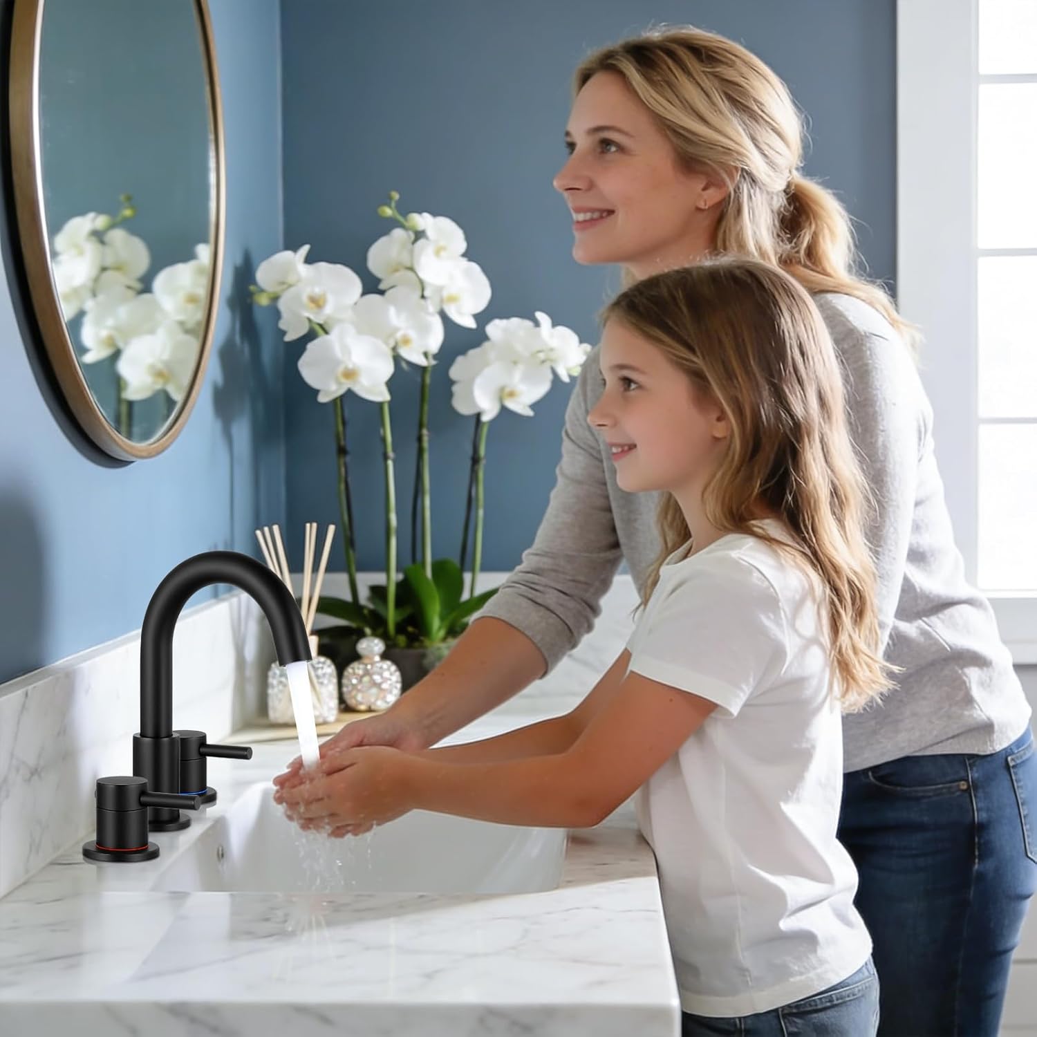 FGKQ Black Bathroom Faucet for Sink 3 Hole, Bathroom Sink Faucet with Pop Up Drain, 8 Inch Widespread Vanity Faucet 3 Hole, 360° Swivel Two Handle with Supply Lines - Image 4