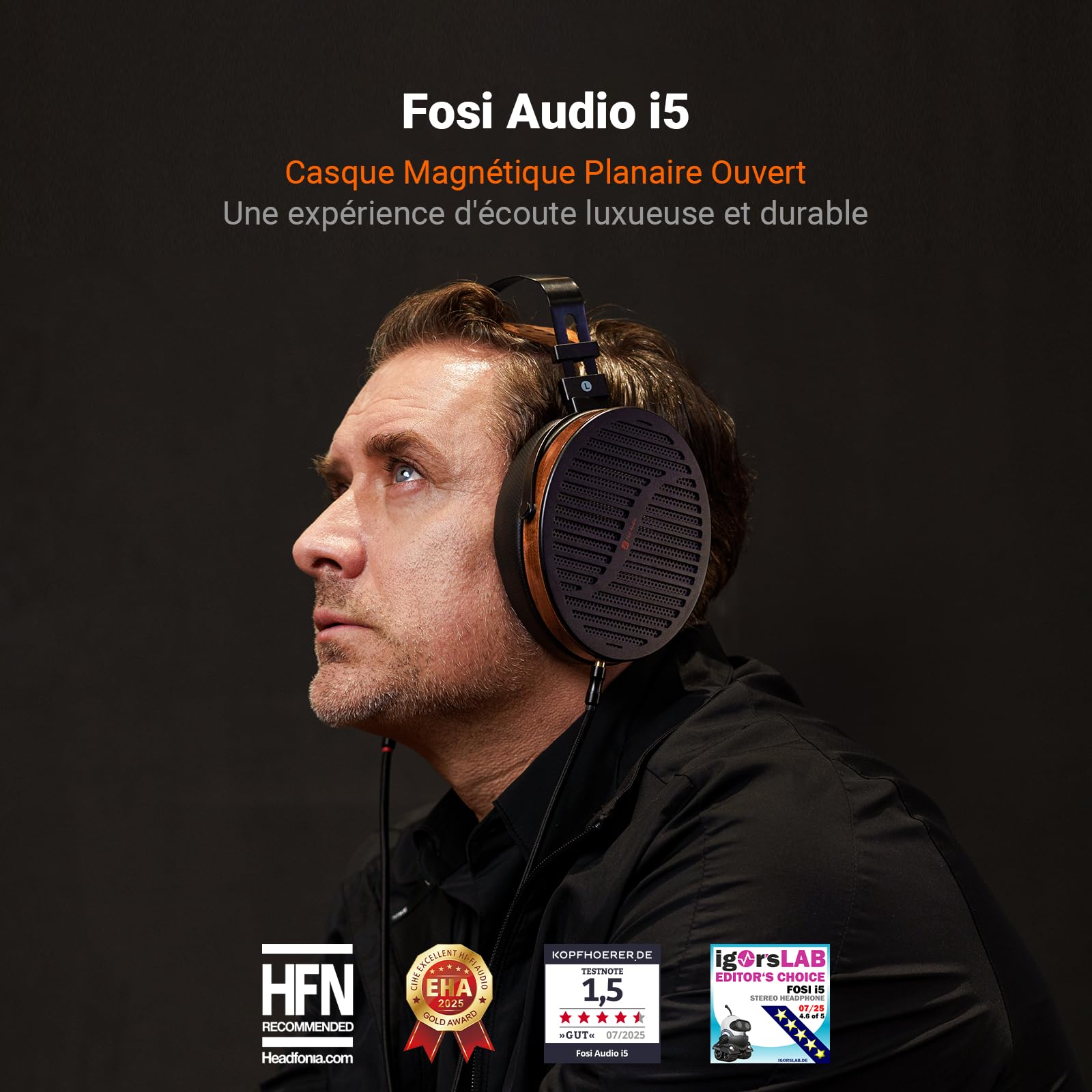 Fosi Audio i5 Casque Magnétique Planaire Ouvert avec Diaphragme Ultra-Large de 97 mm, Métal CNC et Bois de Noyer, Casque de Studio Filaire Audiophile pour Appareils Multi-Sources