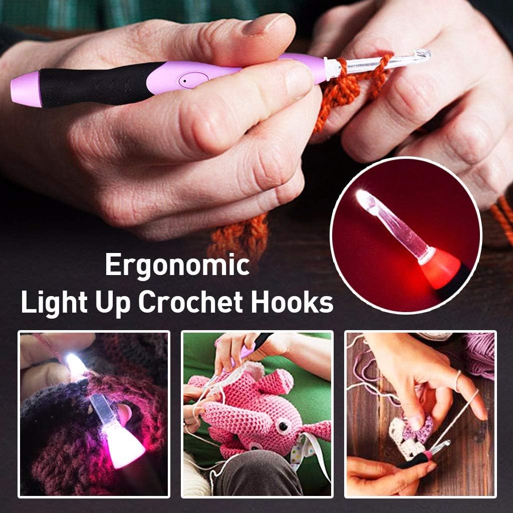 Led Crochet Hook Set - 9 Interchangeable Crochet Hooks with Crochet Hook Case and Sewing Kit - Lighted Crochet Hooks Complete Set 2.5mm-6.5m (Rechargeable Purple)